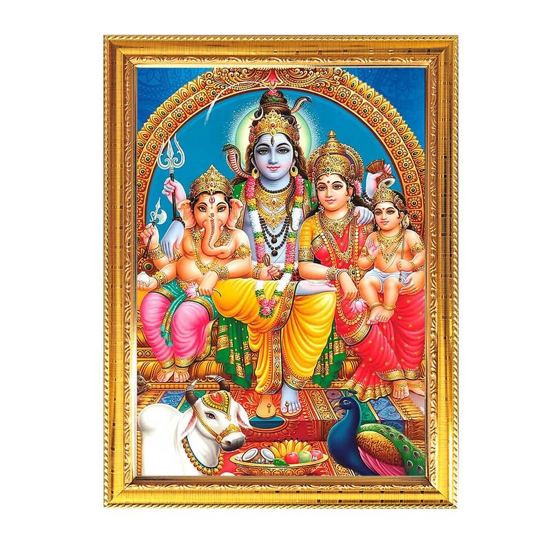 Fashnkart Shiv Pariwar Bholenath, Parvati, Ganesha and Kartikeya Golden Photo Frame for Pooja Indian with a religious or spiritual theme Temple Puja Room Home Décor Worship 8.6 X 11