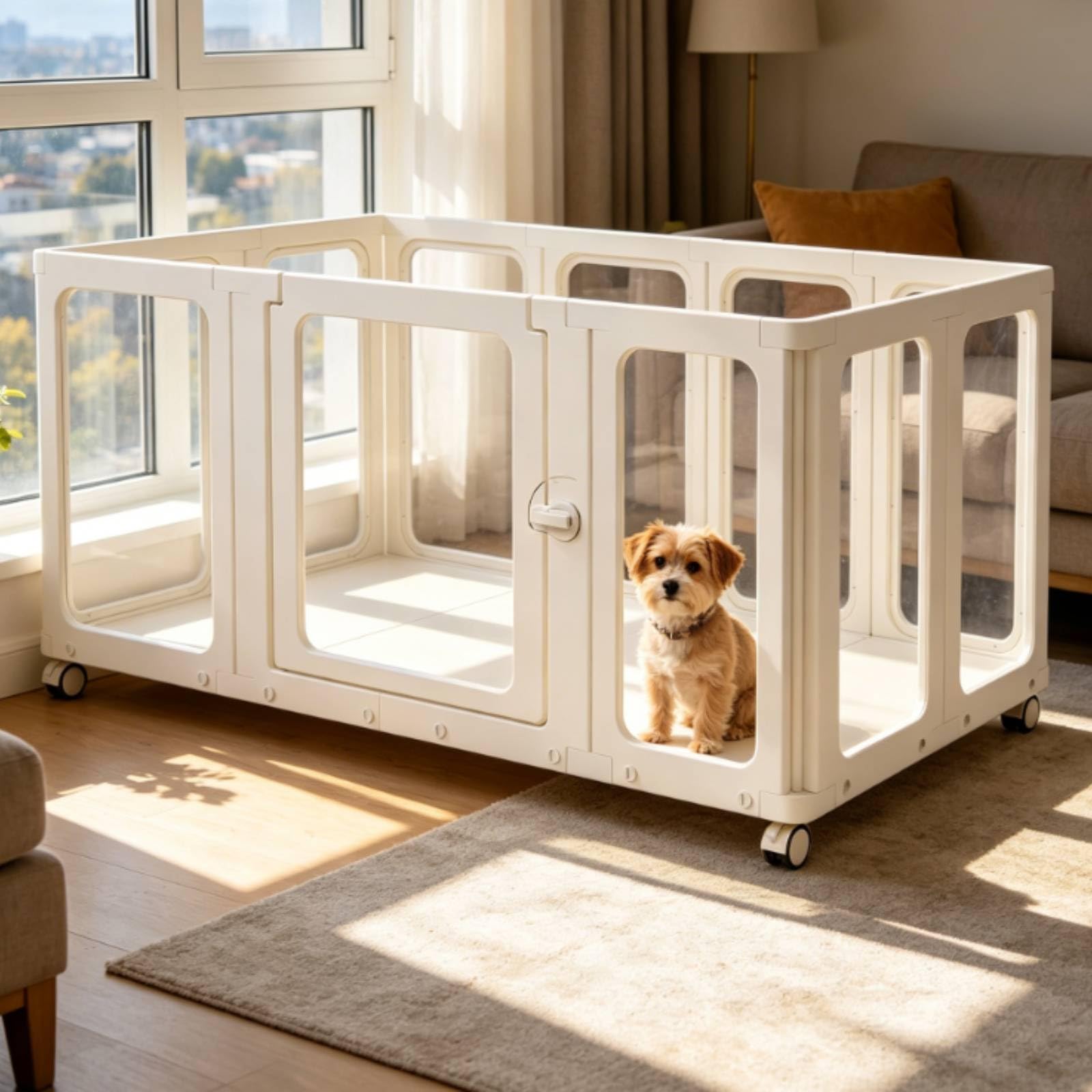 Portatile da Interno Modulare Recinzione Trasparente Box per Animali con Porta con Ganci di Bloccaggio E Base Rigida con Ruote Pannelli Chiari Telaio Bianco Adatto per Casa