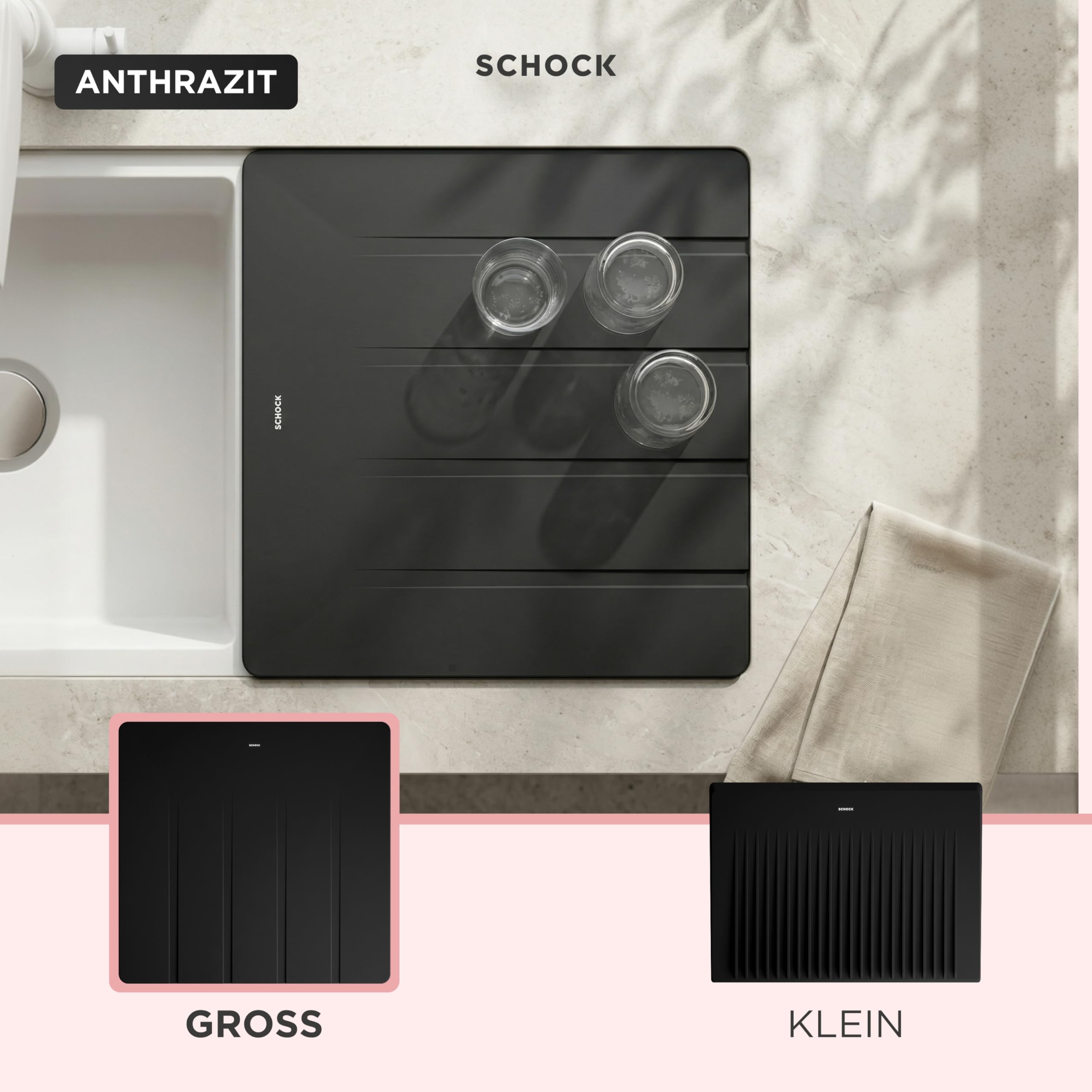 Schock® Abtropfmatte aus Silikon anthrazit I Flexible Abtropfunterlage für Küchen I Spülmaschinengeeignetes Zubehör I Lebensmittelecht und BPA-frei I rutschfest und hitzebeständig I Größe 400x415 mm