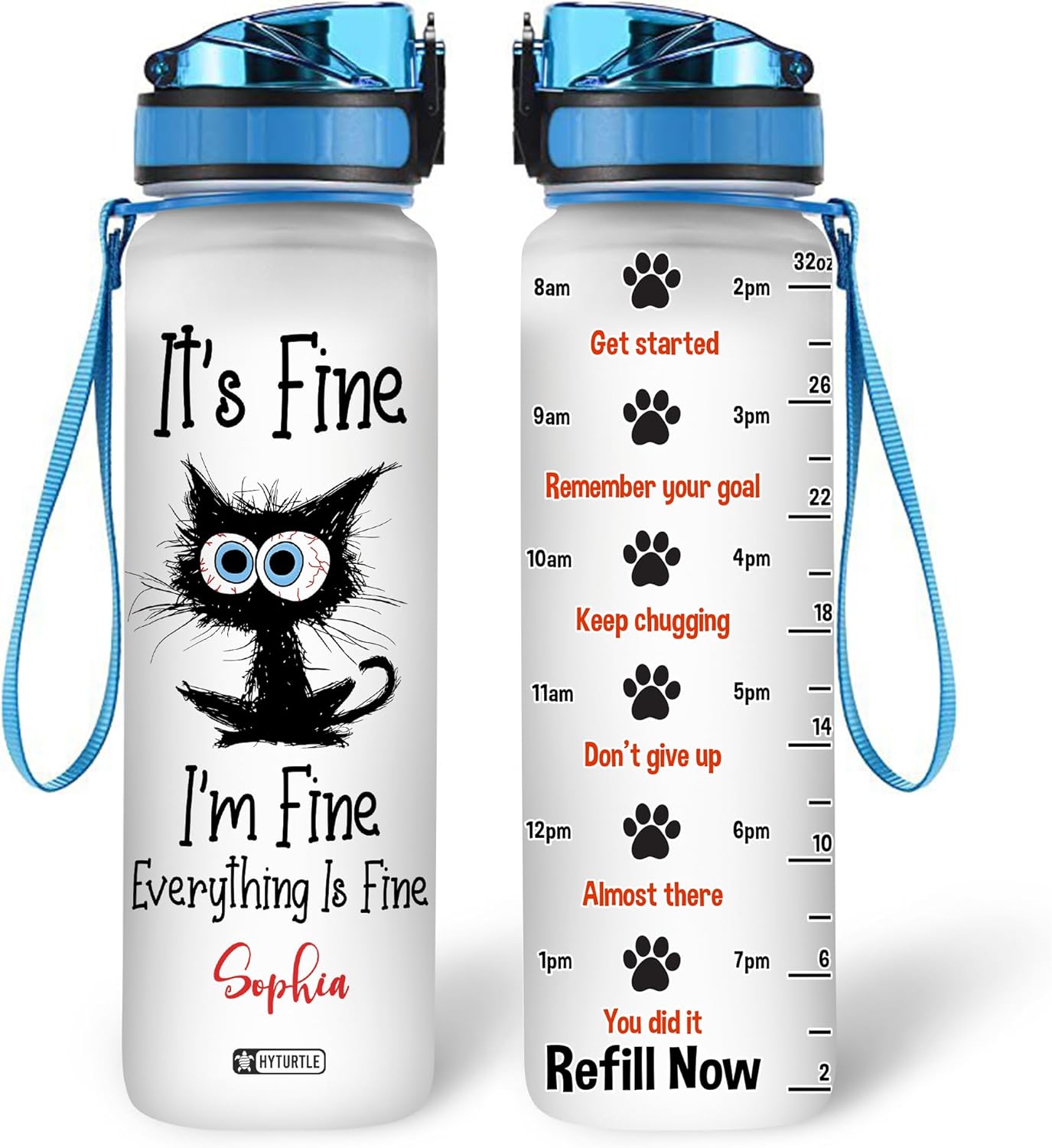 Hyturtle Personalized Black Cat Water Bottle – 32oz Motivational Water Bottle with Leak-Proof Lid & Time Marker – Custom Name Gift for Black Cat Lovers, Women, Girls – Birthday & Christmas Gift