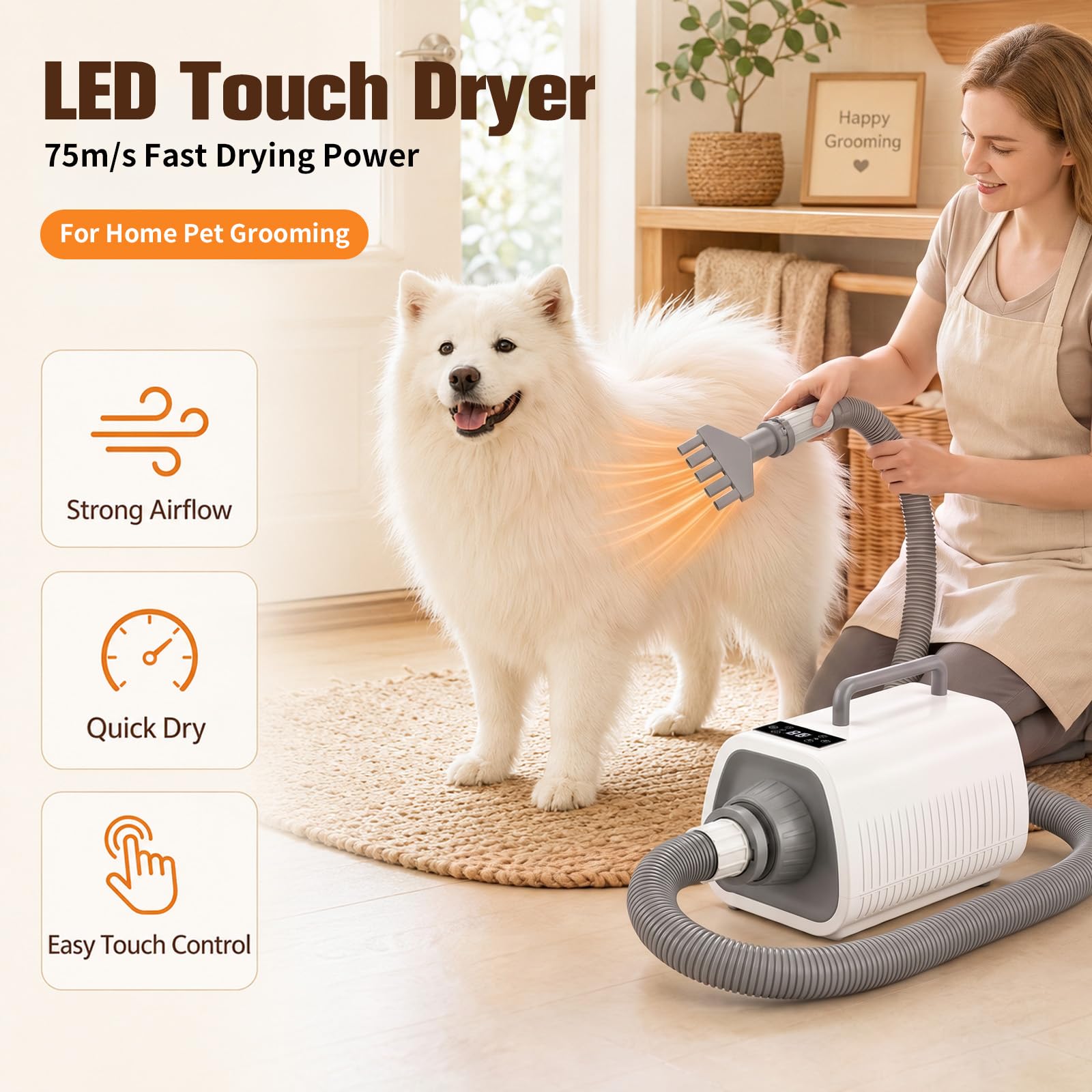 Sèche-cheveux pour chien avec écran tactile LED | Vitesse du vent et températures réglables, 3 buses différentes