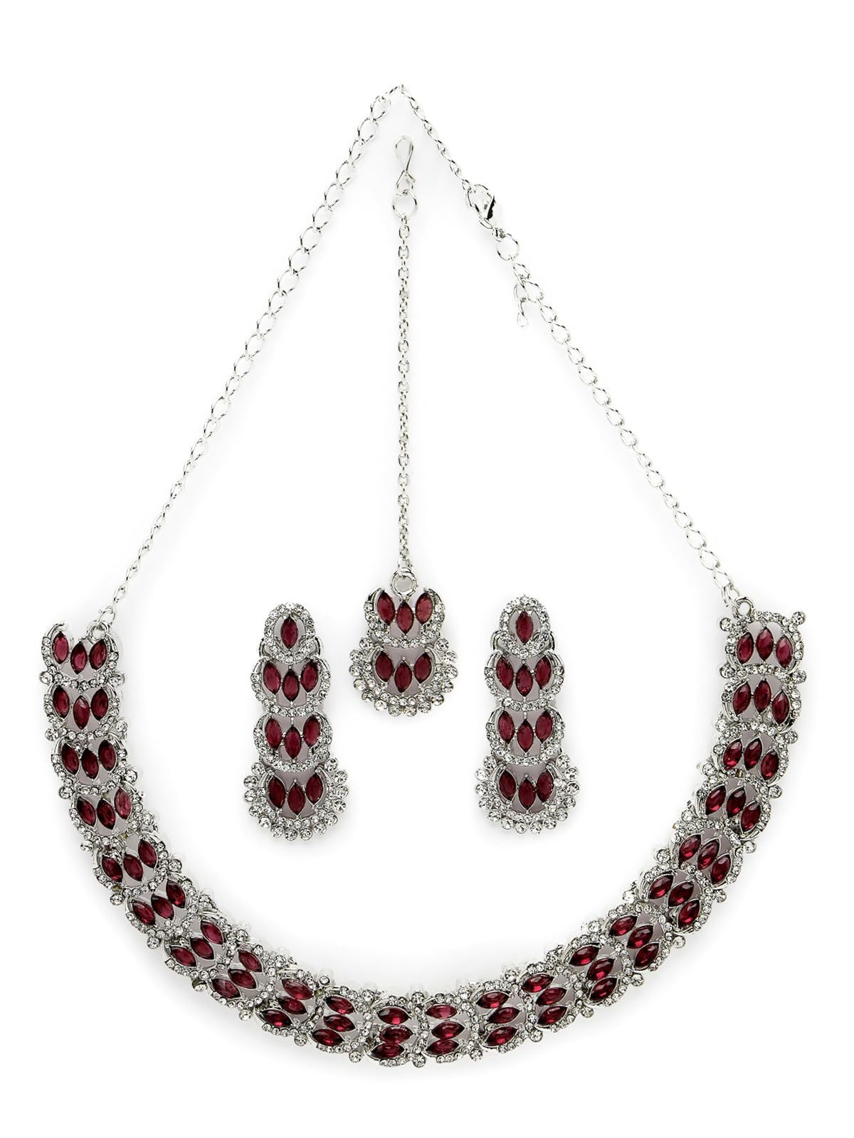 Sukkhi Beguiling Rhodium Plated AD Maroon Stone Collar Bone Necklace Set With Earring And Maangtika | Jewellery Set For Women (NS105604) (B0CBBBVV3J) Amazon Price History, Amazon Price Tracker