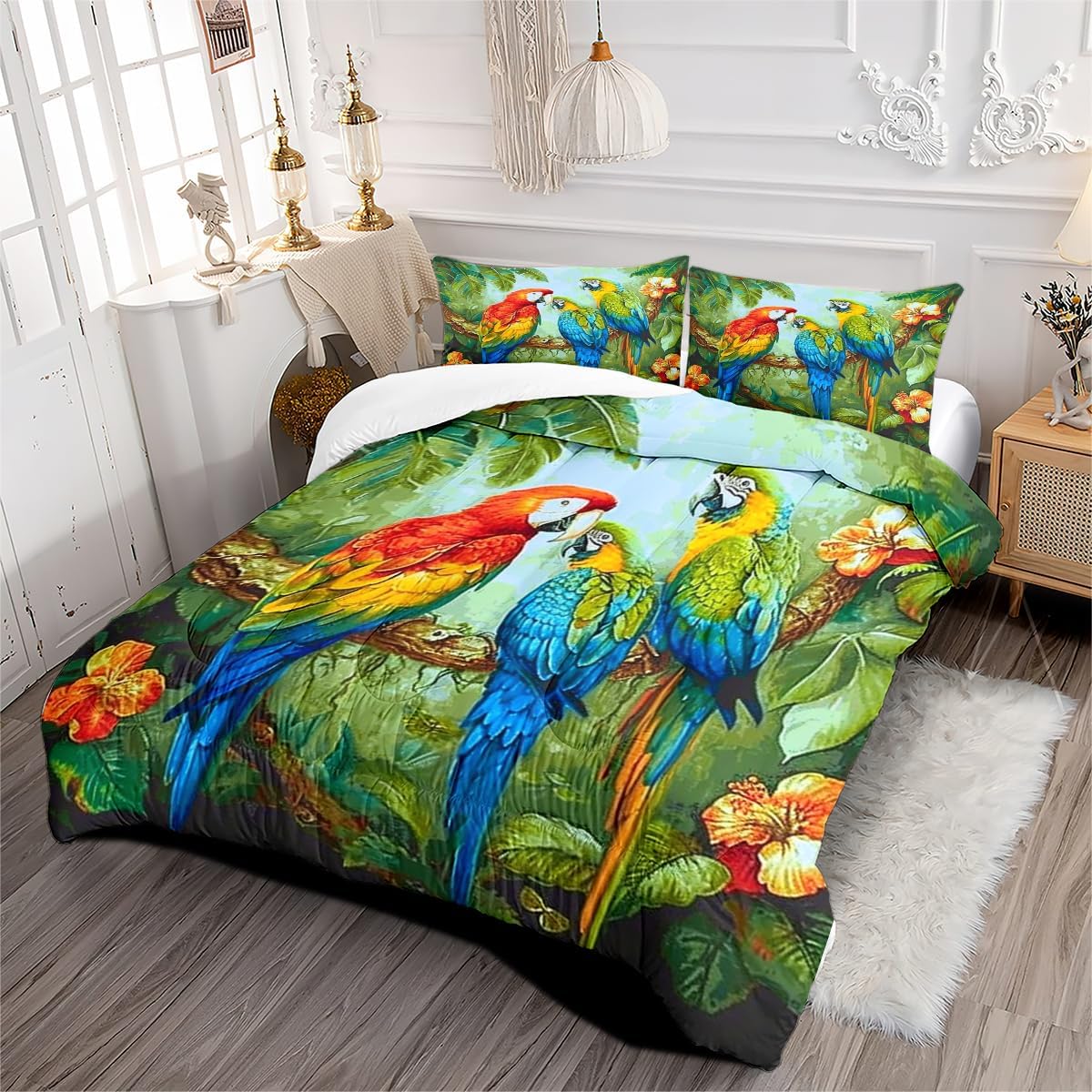 Parrot Comforter Set Queen Size Tropical Bird Animal Bedding Set Colorful Feather Comforter Sets Forest Coconut Tree Bed Set Soft Down Alternative Comforter for All Season(Gilrs Women)