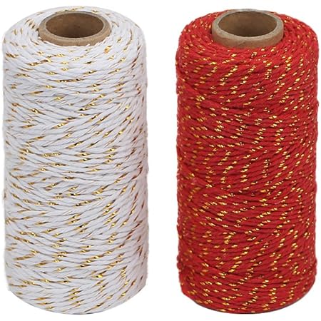 Tenn Well Cotton Bakers Twine, 2 Roll x 328 Feet 2mm Gold Wire Combined Cotton Twine Cording for Christmas Holidays DIY Arts Threading Decorations Baking Butchers