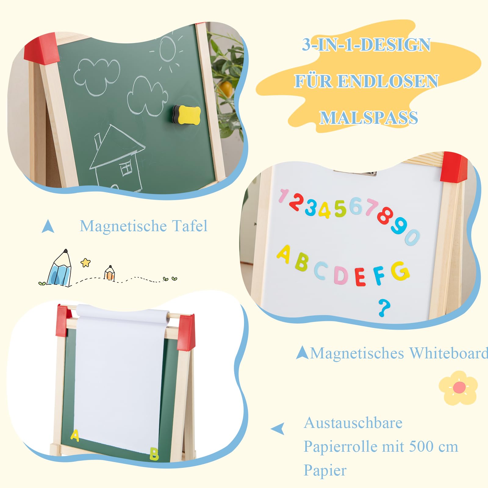 GOPLUS 3-in-1 Staffelei für Kinder, doppelseitige Kindertafel mit magnetischem Whiteboard, Papierrolle, Ablage & Malzubehör, höhenverstellbare Standtafel mit Aufbewahrungstasche für Kinder 3-8 Jahren
