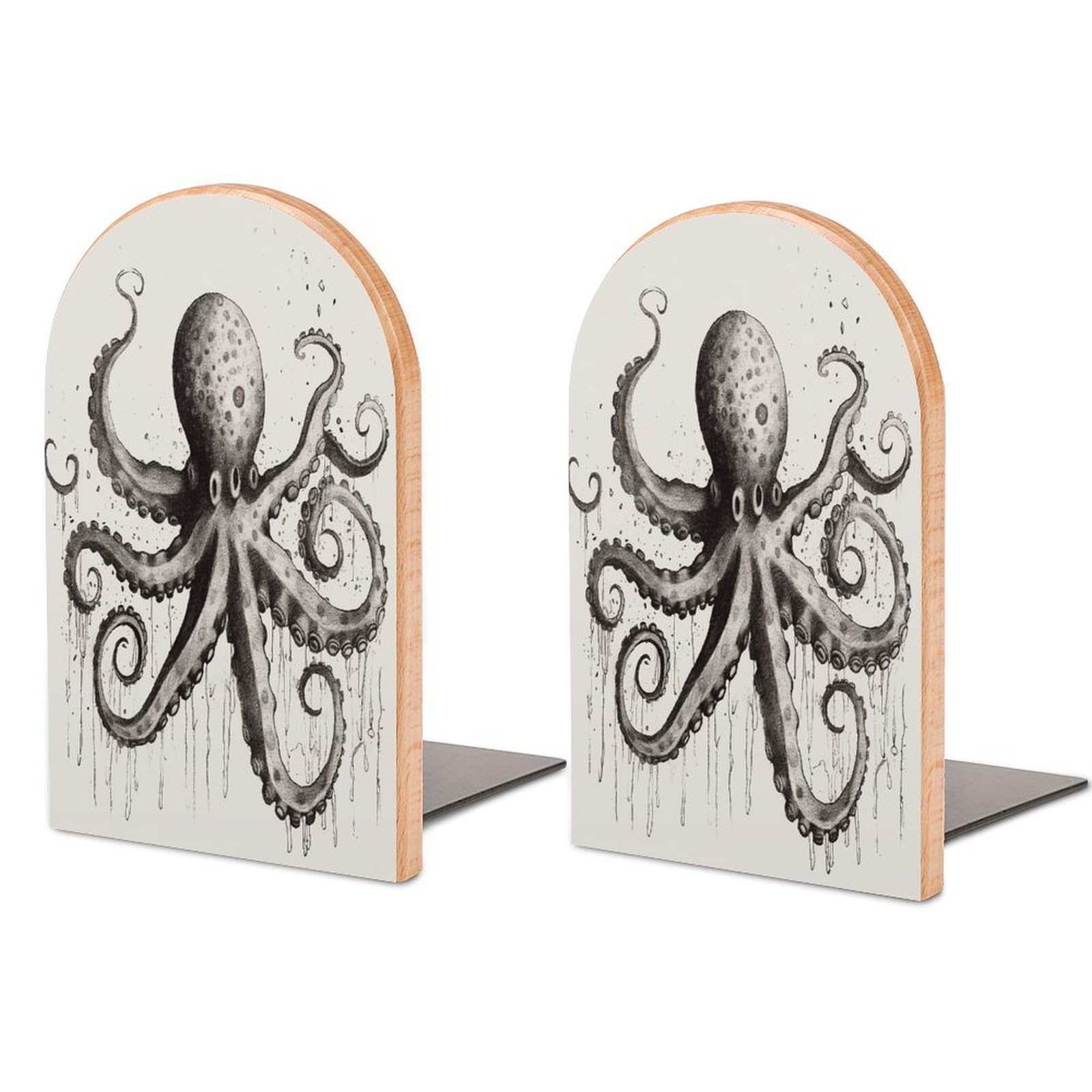 Octopus Bookend Non-Skid Wooden Bookends for Shelves Heavy Duty Wood Book Ends Decorative Book Stopper Book Stand Non-Slip Book Organizer for Home Office Library