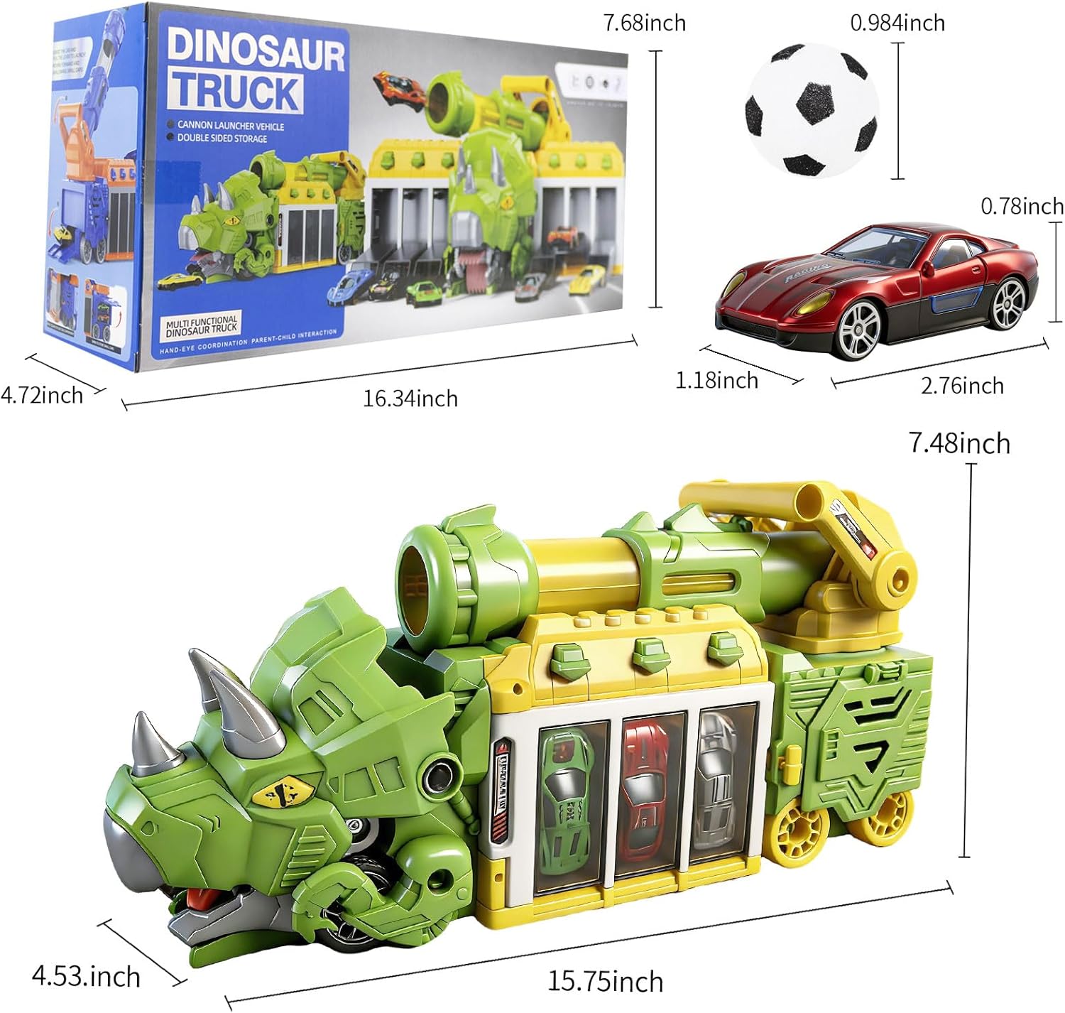 BYFWH Dinosaur Truck Toys for Kids, Foldable Toddler Playset with Ejection Shooting Game, Dino Truck Car Toy with 10 Race Car & 12 EVA Soccer Ball, Birthday Gift for Aged 3 4 5 6 7 8 Boys Girls