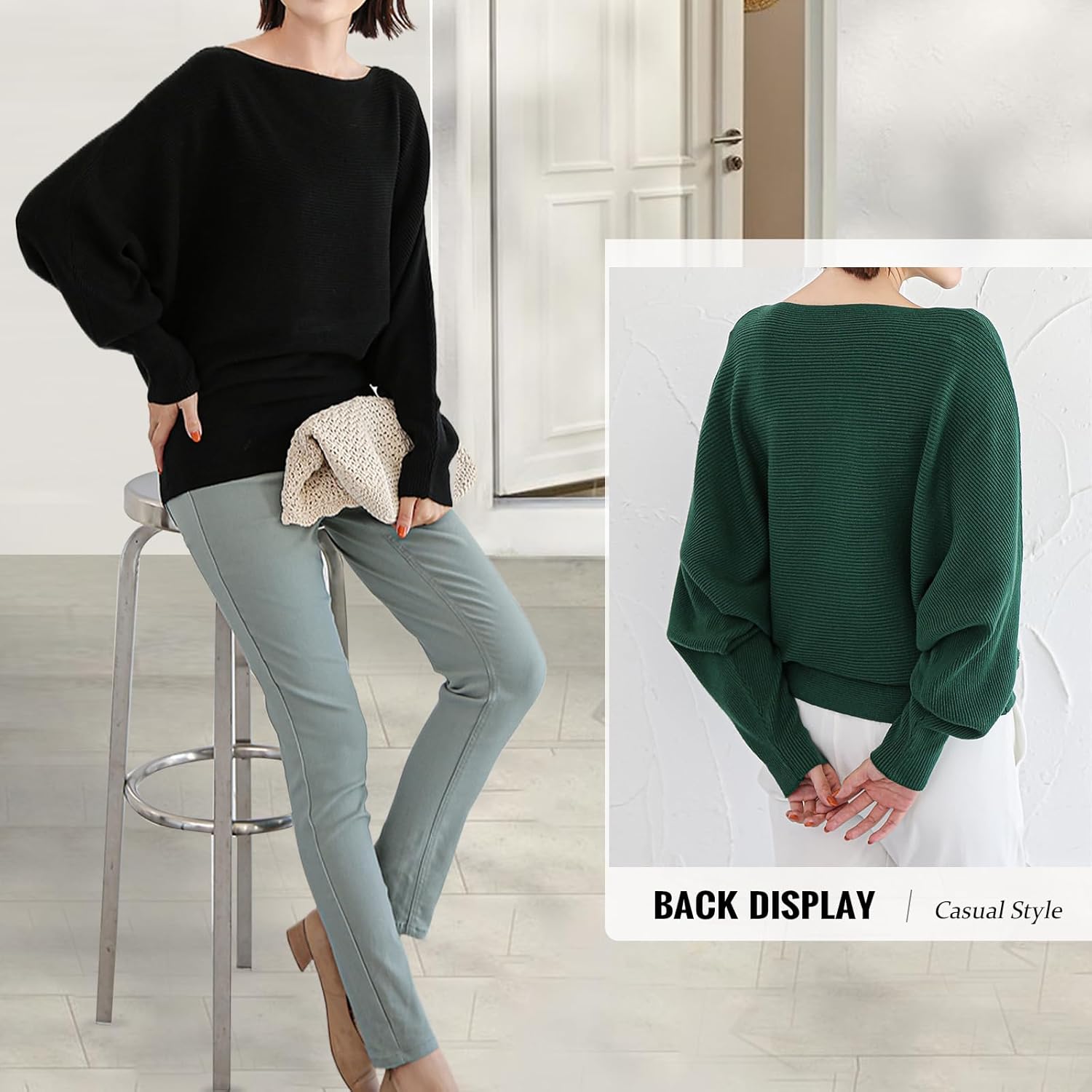 Women's Batwing Long Sleeve Pullover Sweater - Oversize Boat Neck Knitted Ribbed Pullovers with Dolman Sleeve - Image 5
