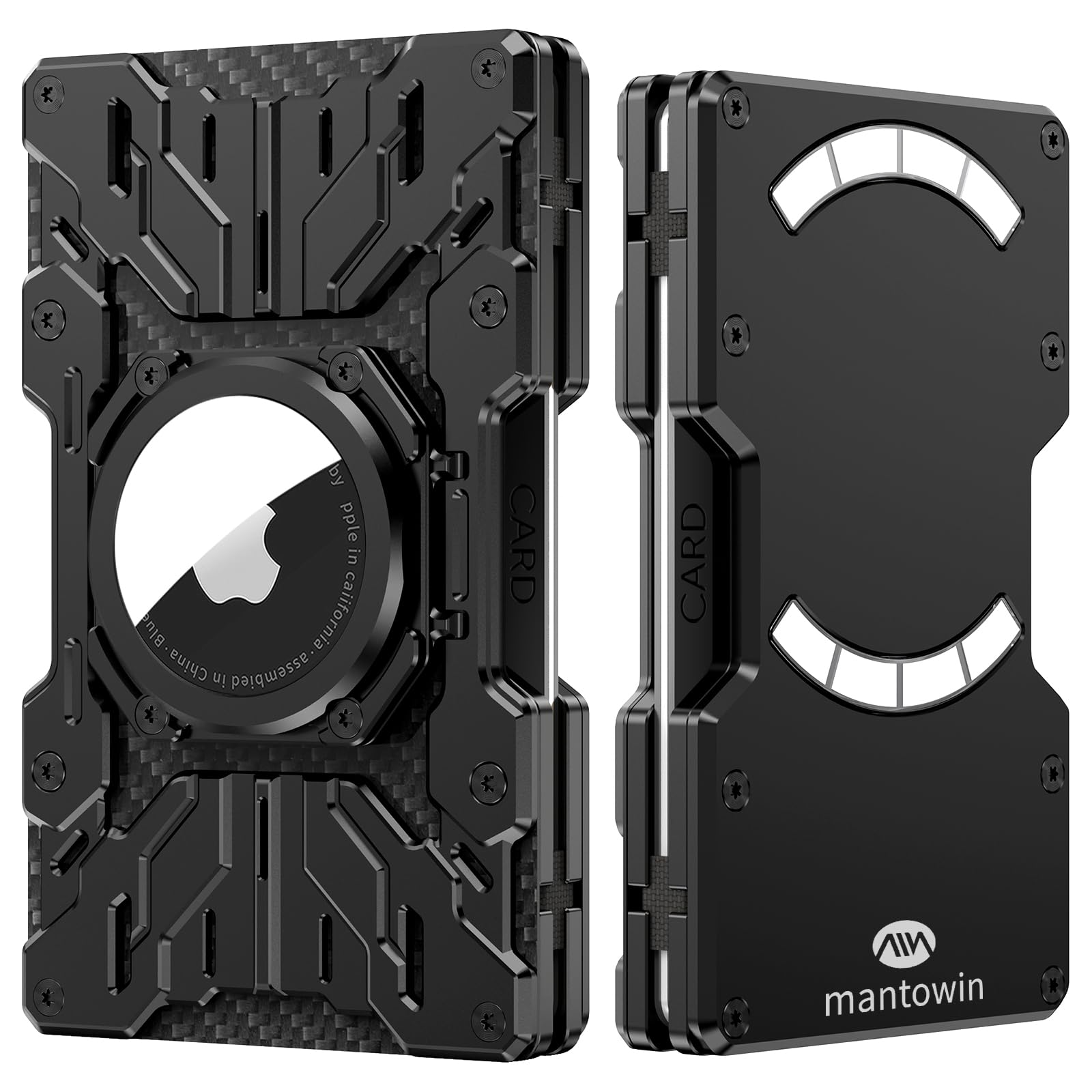 mantowin Minimalist Mens Wallet RFID Blocking - Slim Metal Wallet With Airtag Holder - Compact Credit Card Holder Mini Size, Metal, Carbon Fiber (Black)