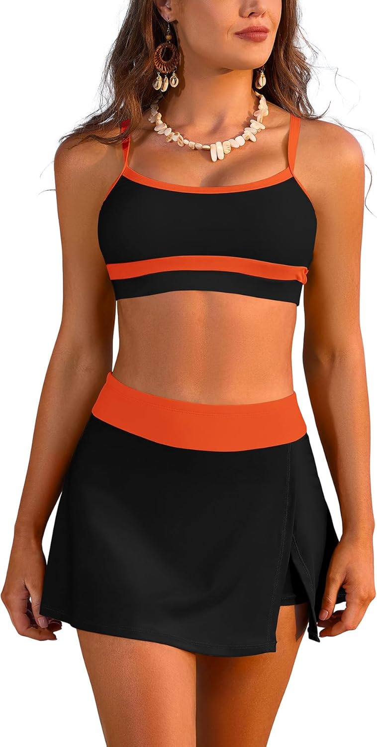 SHEKINI Women's Sporty Bikini Set High Waisted Two Piece Bathing Suits with Skirt Bottom