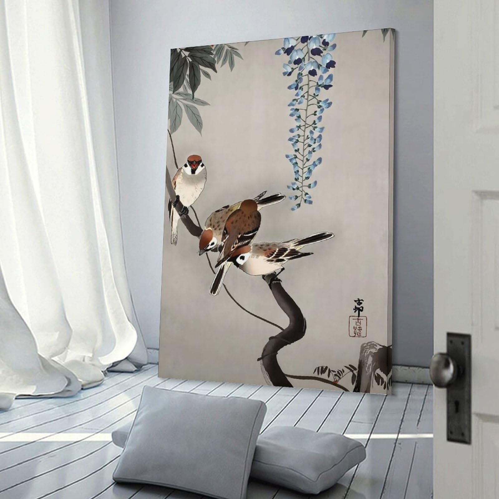 Junmoney Frame-Style-7 Ring Sparrows At Wisteria Home Decor Wall Art 20X30inch(50X75cm), For Gallery Wall Layouts In Home Or Office, A Versatile Canvas Print For Layering