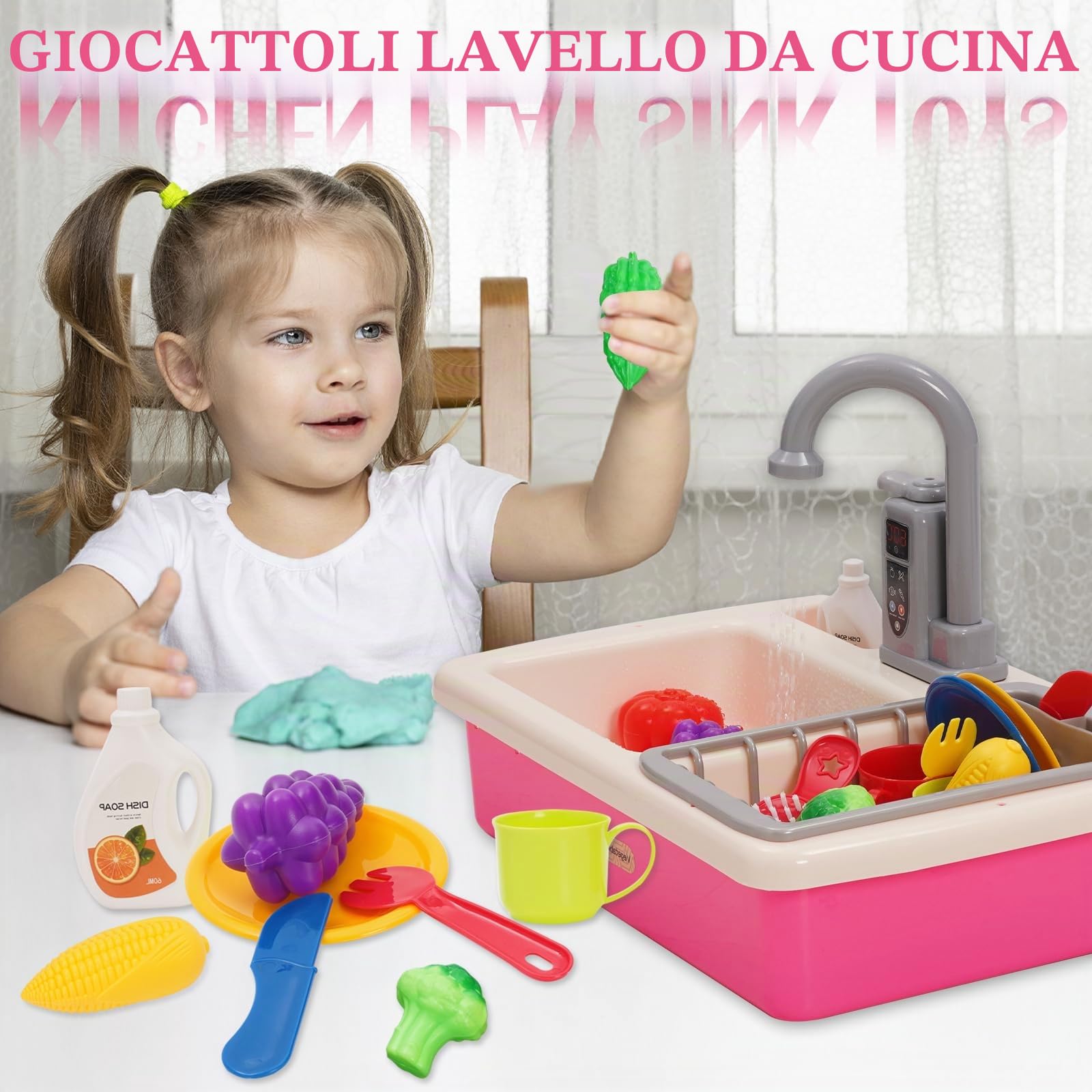 Lavello da gioco per bambini, set di giocattoli con circuito dell'acqua, rubinetto elettrico, lavandino gioco di ruolo per bambini, accessori da cucina, gioco di ruolo per bambini 3+