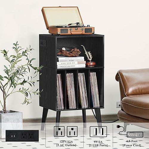 Miniatura 4 de Lerliuo Soporte para tocadiscos con estación de carga, soporte giratorio negro con capacidad para hasta 160 álbumes, mesa de gabinete de