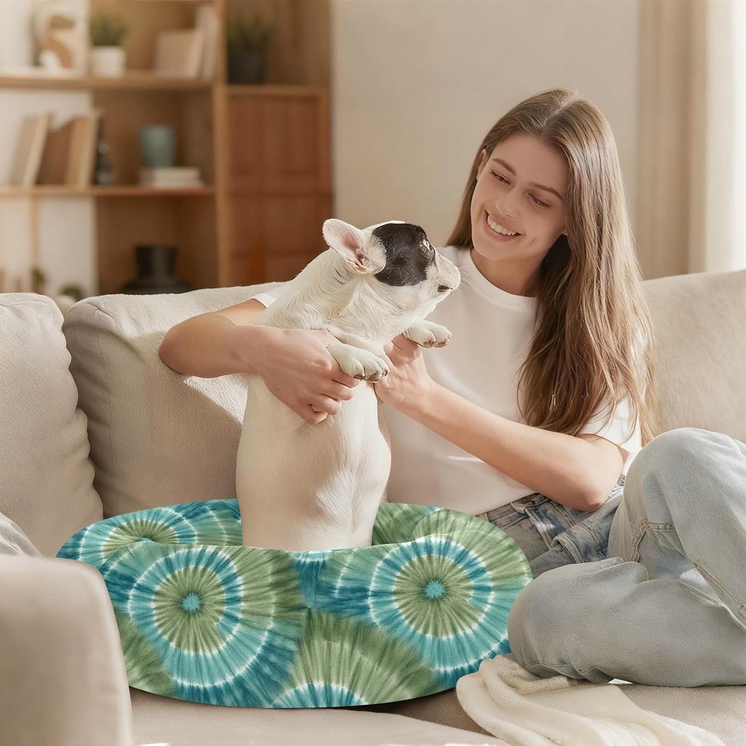 Pet Dog Beds Warm & Cozy Fluffy Cat Pillow Bed for Small Size Pets Supplies M Tie-dye Green