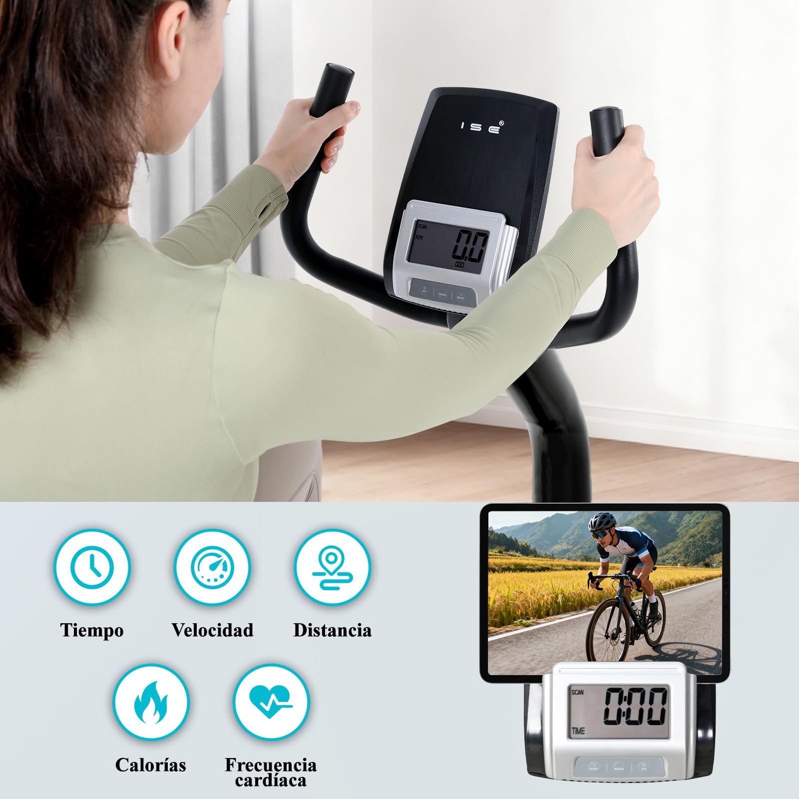 ISE Bicicletas Estáticas Reclinadas con 8 Niveles de Sistema magnético, Bicicleta Estática con Respaldo para Sensor de Pulso y Pedaleo silencioso,Ruedas de transporte,Cardio Training con casa