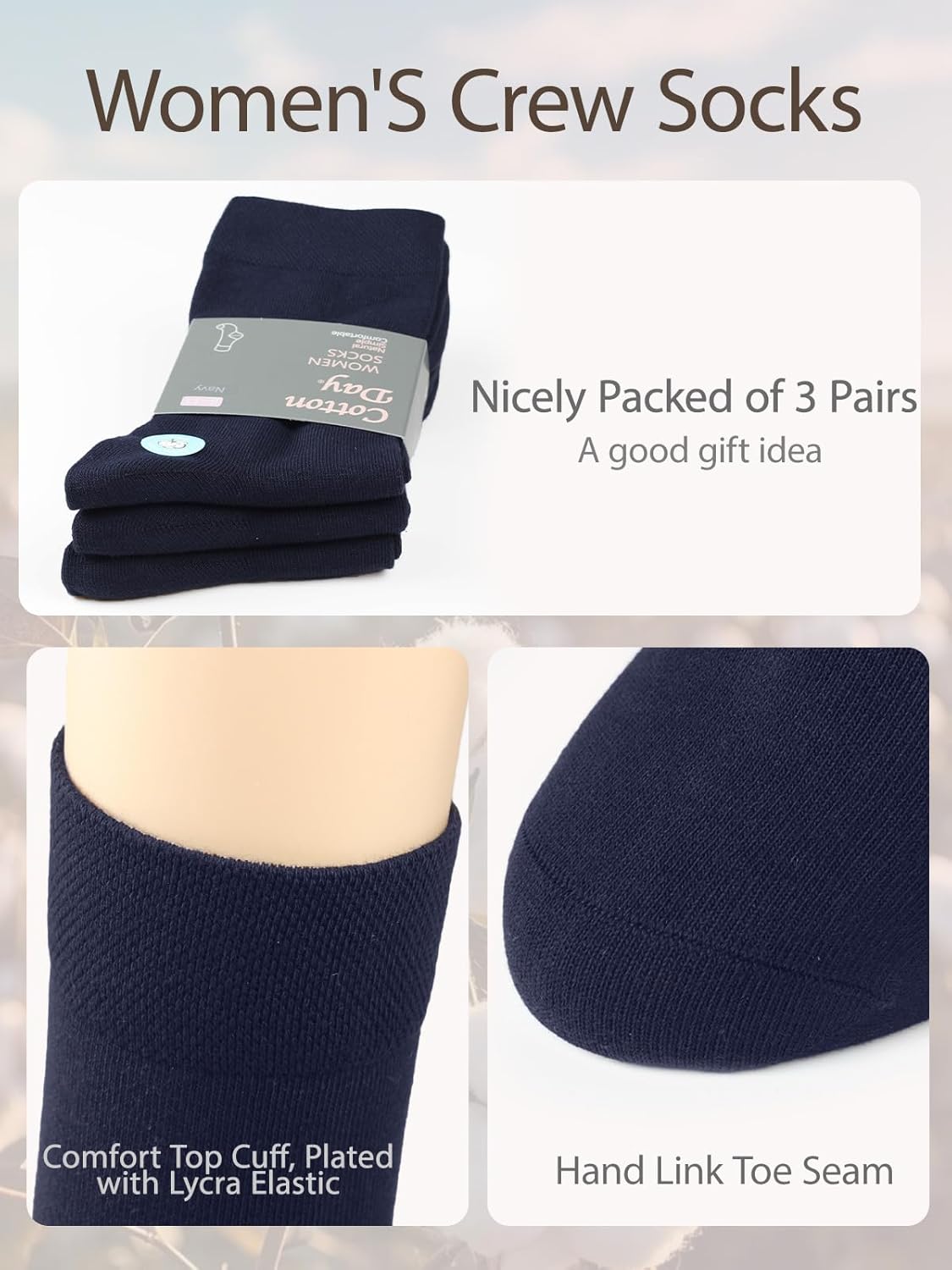 COTTON DAY Women's Soft Combed Cotton Dress Socks Seamless Toe Black White Gray Navy Blue Brown Beige - Image 4