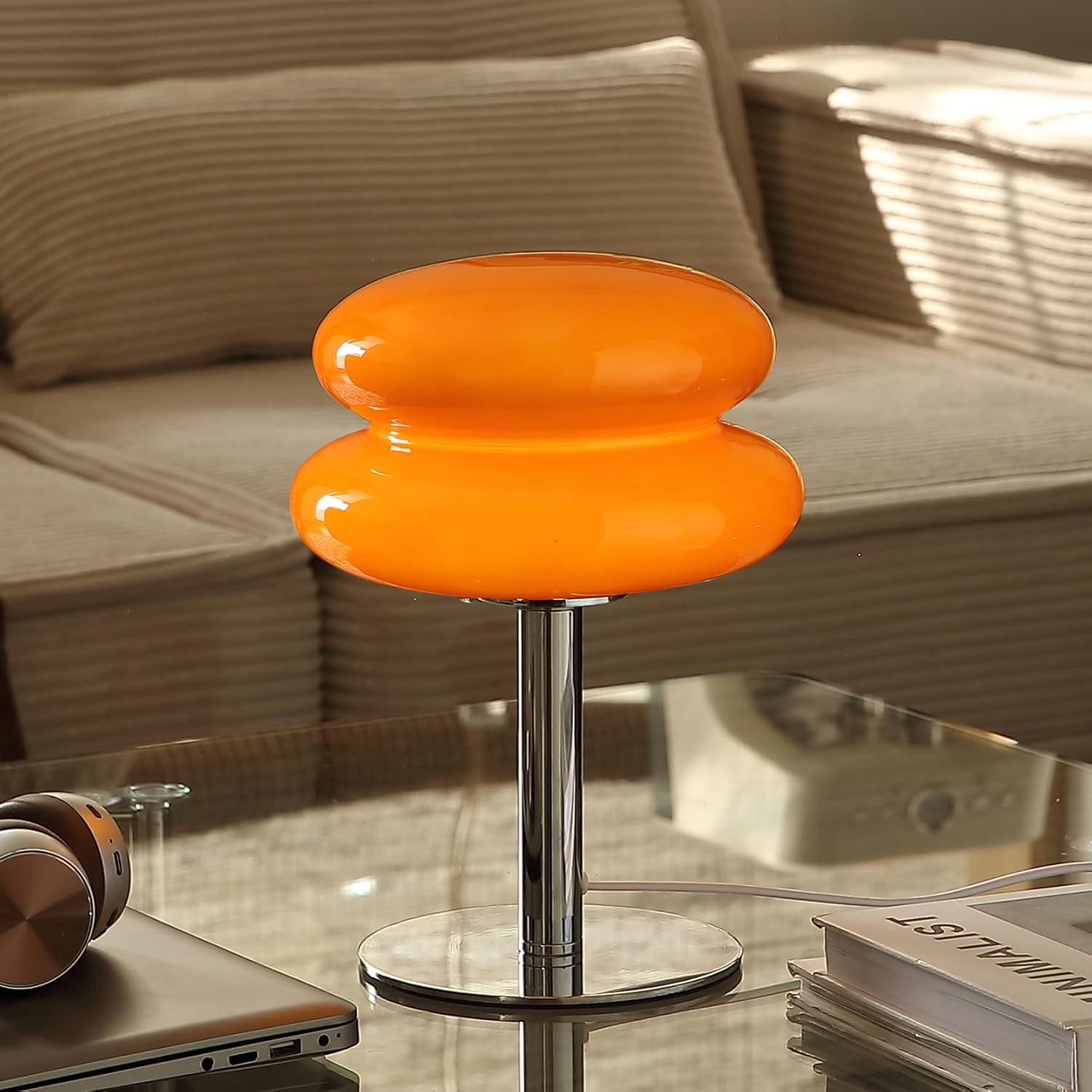 Condition photo showing Good Condition for Mushroom Lamp Table Lamp for Night Stands,Mid Century Modern Desk Lamps for Bedroom, Vintage Dimmable Bedside Small Lamps, Cute Cool Home Room Aesthetic Decor for Living Room (Orange)