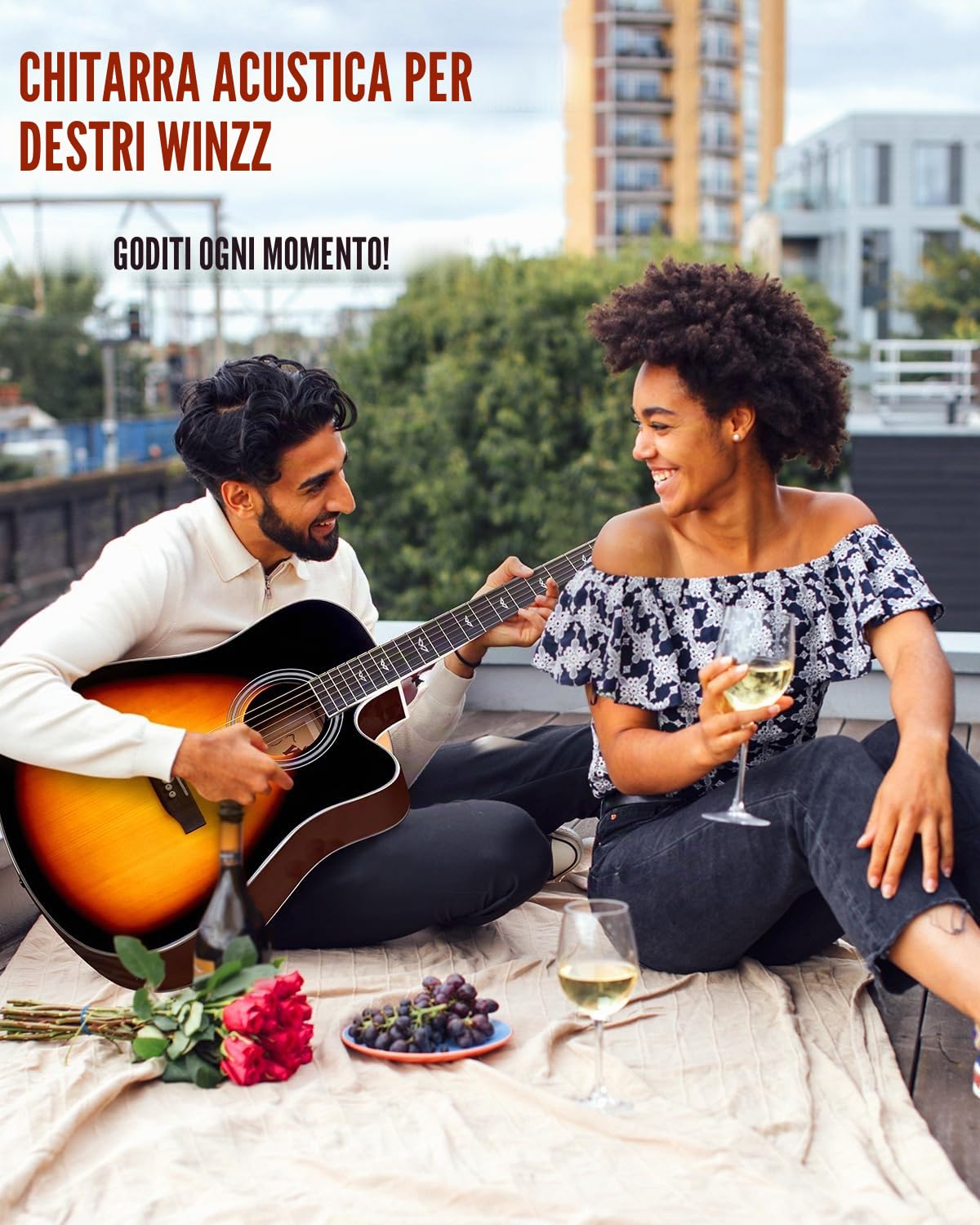 Winzz Chitarra Acustica Elettroacustica 4/4 41 Pollici Kit con 12 Accessori Lucido Sunburst