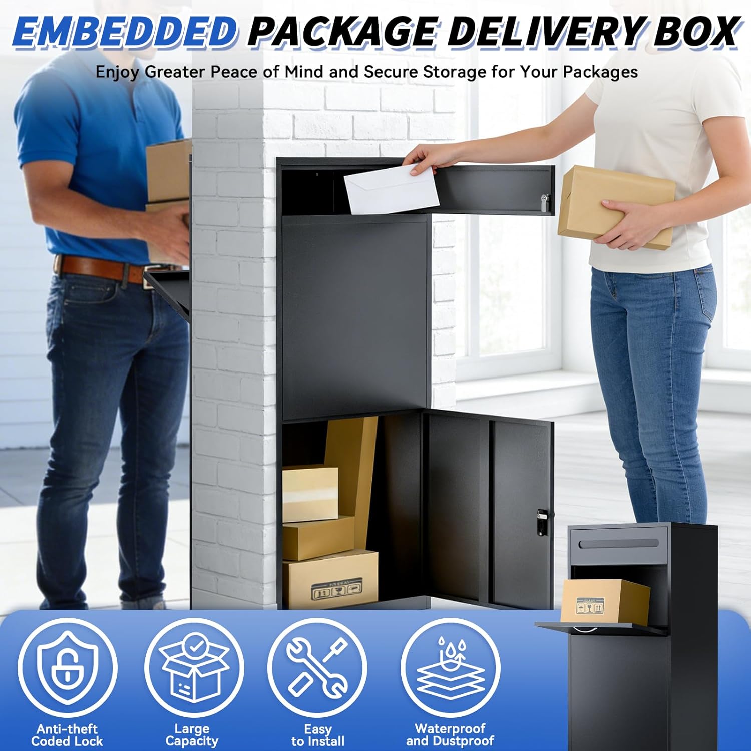 47.2" Package Delivery Box for Outside - Front-Back Black Metal Parcel Drop Box, Anti-Theft, IPX4 Waterproof, Weather-Resistant Mailbox for Porch, Fence, Curbside (Pass-Through Mailbox)