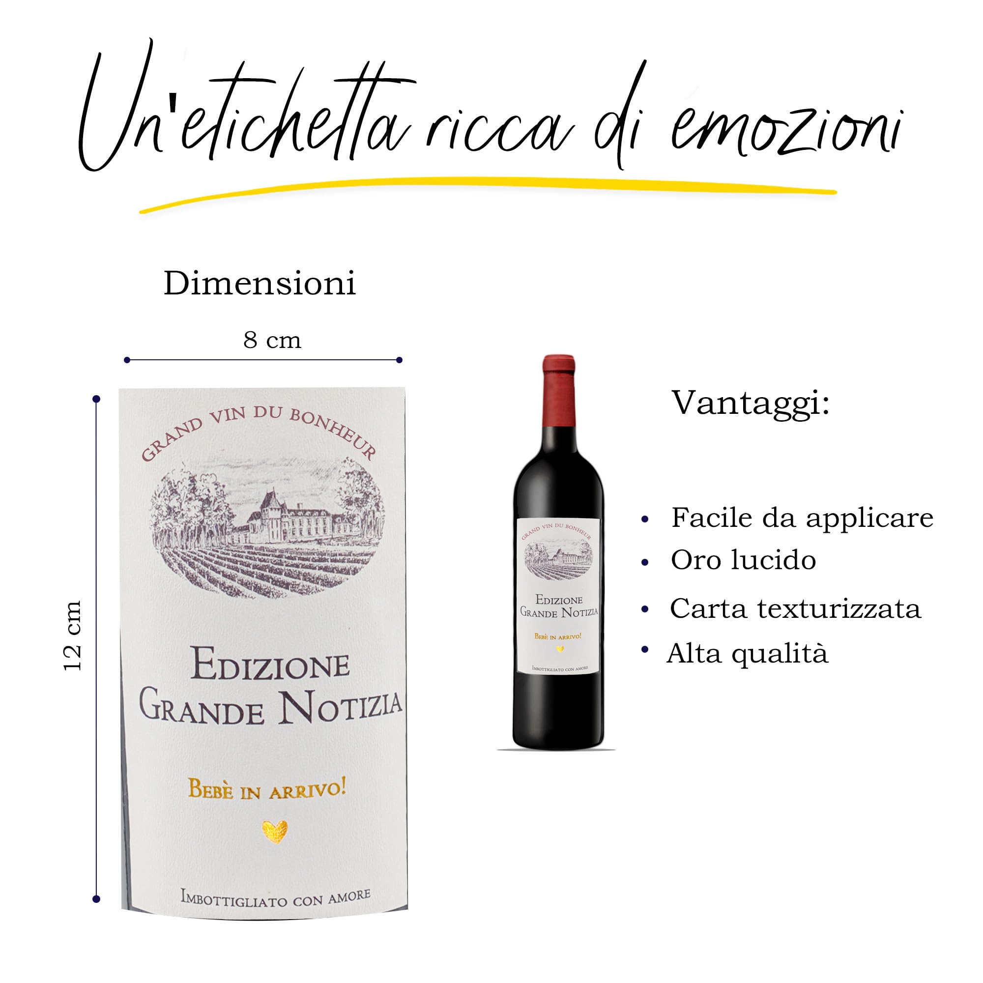 FunFest - Set da 4 Etichette Bottiglia di Vino Annuncio Gravidanza - "Château Grande Notizia" (Testo in Italiano)
