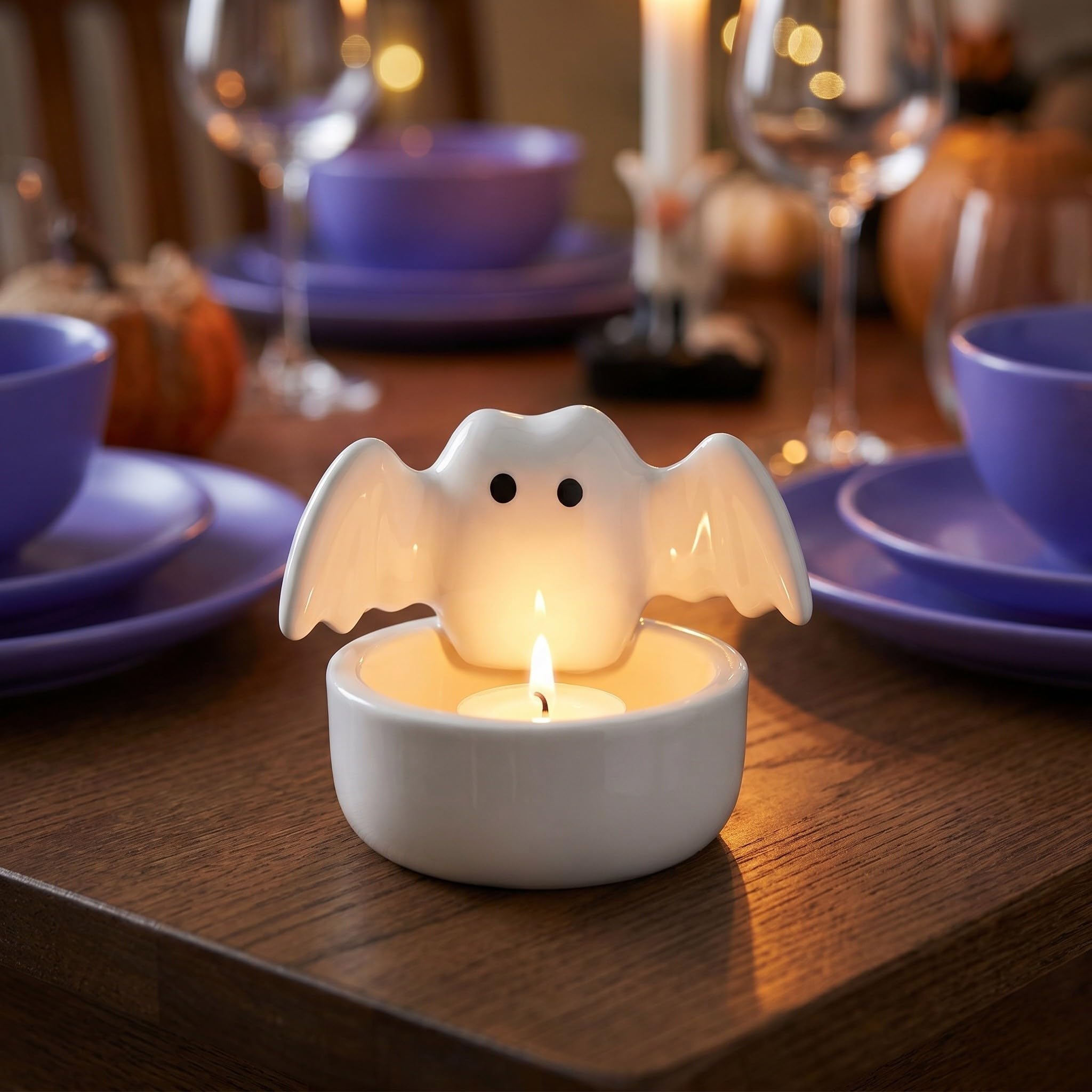 Sewroro 3 Piezas Portavelas de Cerámica Blanco Diseño de Fantasma y Estilo Nórdico para Decoración de Halloween en Casa u Oficina Iluminación Ambiental y Soporte Resistente