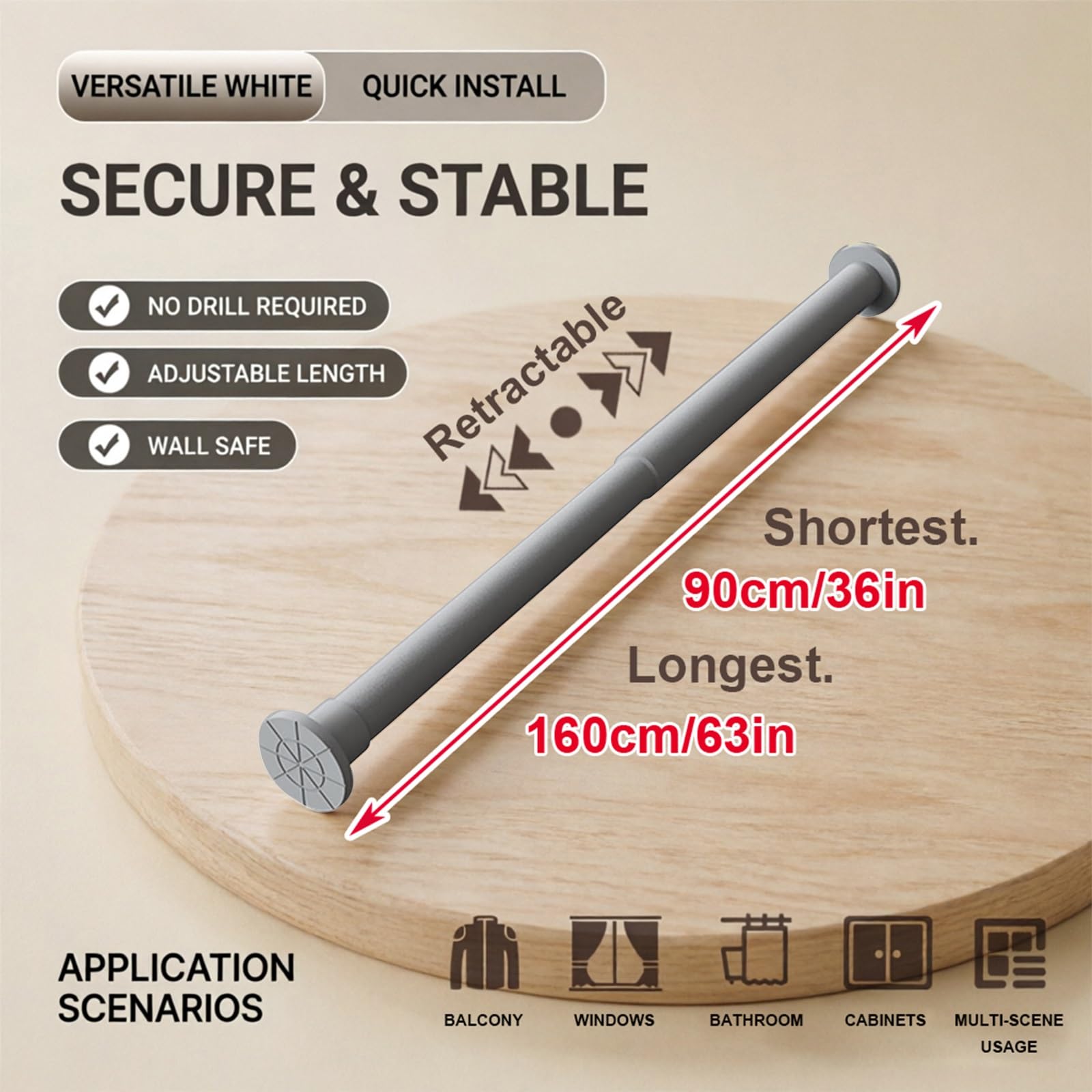 Duschvorhangstange Ohne Bohren, 50 Bis 290 cm Verstellbare Stange Zum Klemmen für Kleiderschränke, Waschküche, Schuhschränke und Badezimmer(Gray,90-160cm/36-63in)