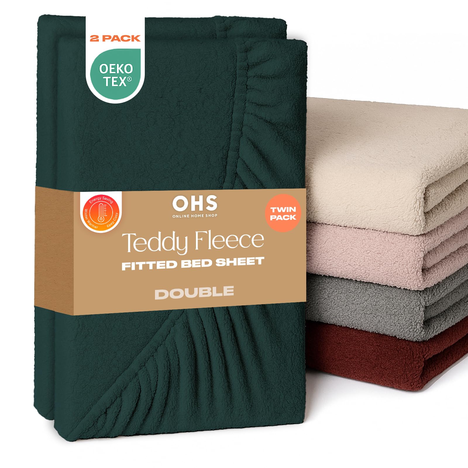 Brentfords Forest Green Double Fitted Sheets 2 Pack, Teddy Fleece Fitted Sheet Bed Cover Deep Pocket 25Cm Double Bed Sheets Fluffy Bedding Fade Resistant Cuddly Cosy Teddy Bear Bedding,
