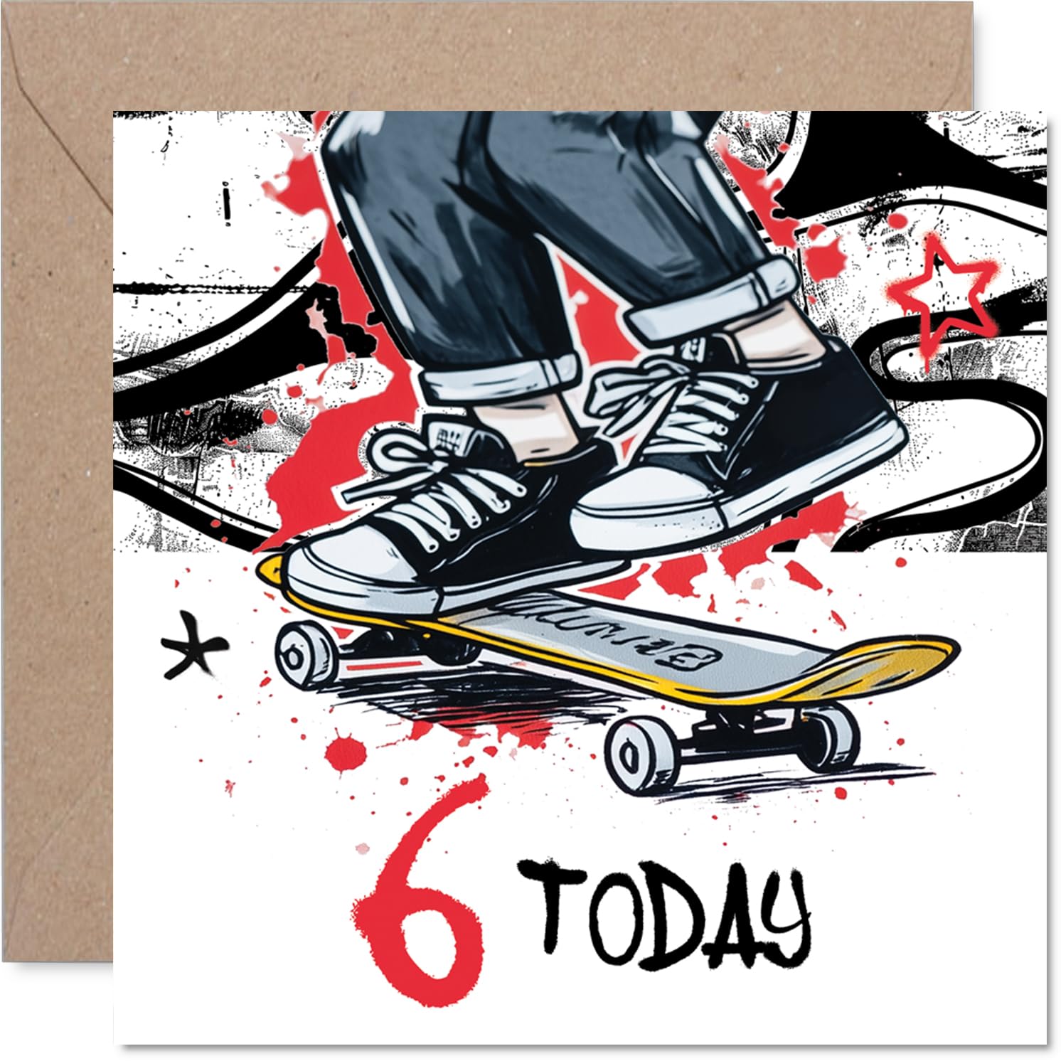 Playful 6th Birthday Card - Catch Some Birthday Air - Skateboarding Kid Illustration with Bold '6 TODAY' - Bursting with Energy and Colour - 145mm Square, Envelope Included