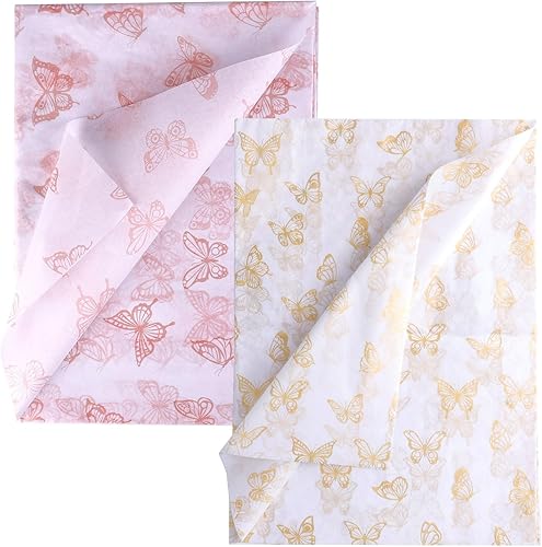 30 hojas de papel de seda de mariposa, 14 x 20 pulgadas, hojas de papel de seda dorado y oro rosa para embalaje para Navidad, boda, fiesta de