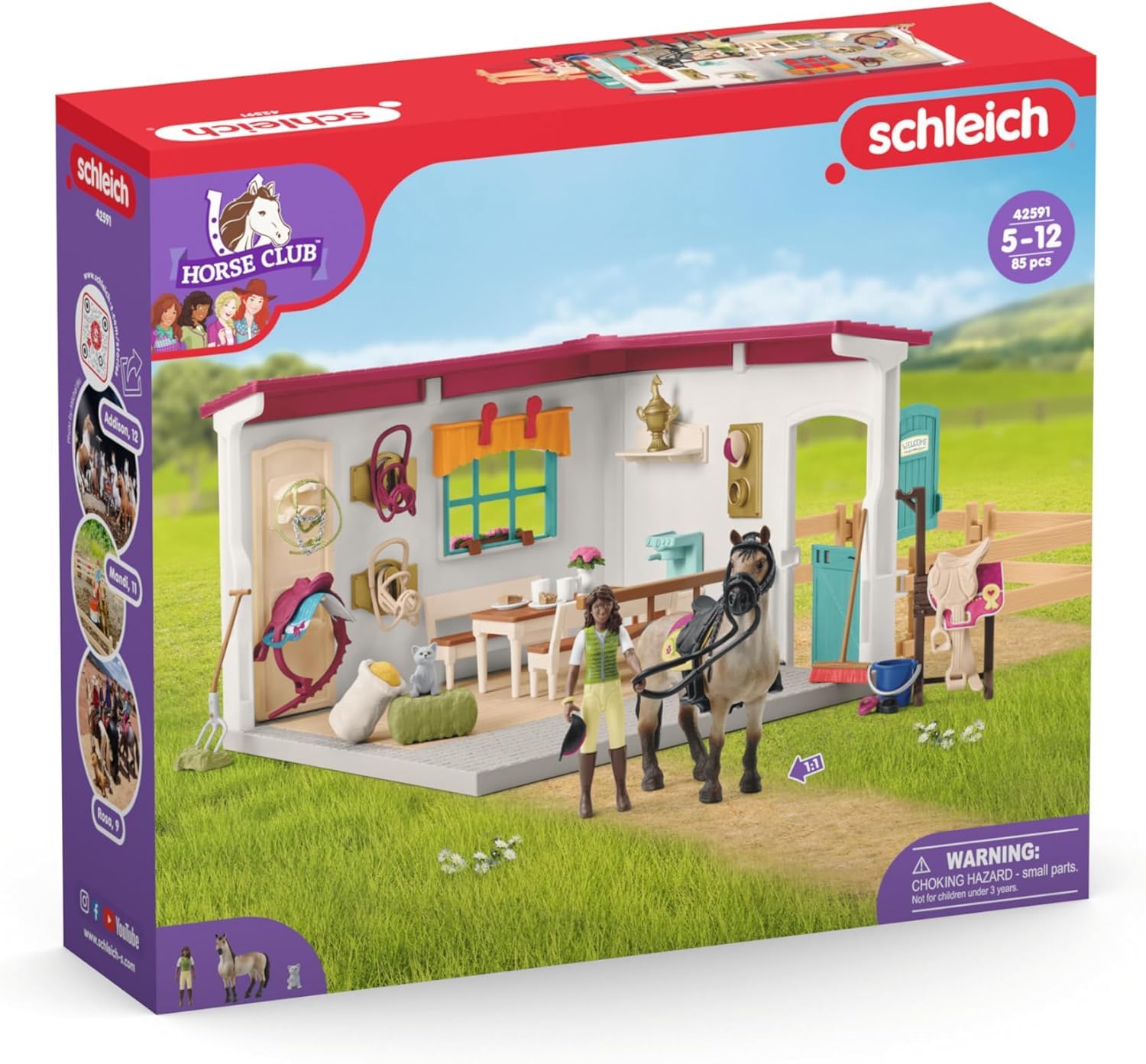 Schleich Horse Club | Sattelkammer 42591 | ab 5 Jahre | 85 Teile | Spielset inkl. Pferdefigur, beweglicher Mädchenfigur, Paddock und viel Pferde Zubehör | tolles Geschenk für Kinder