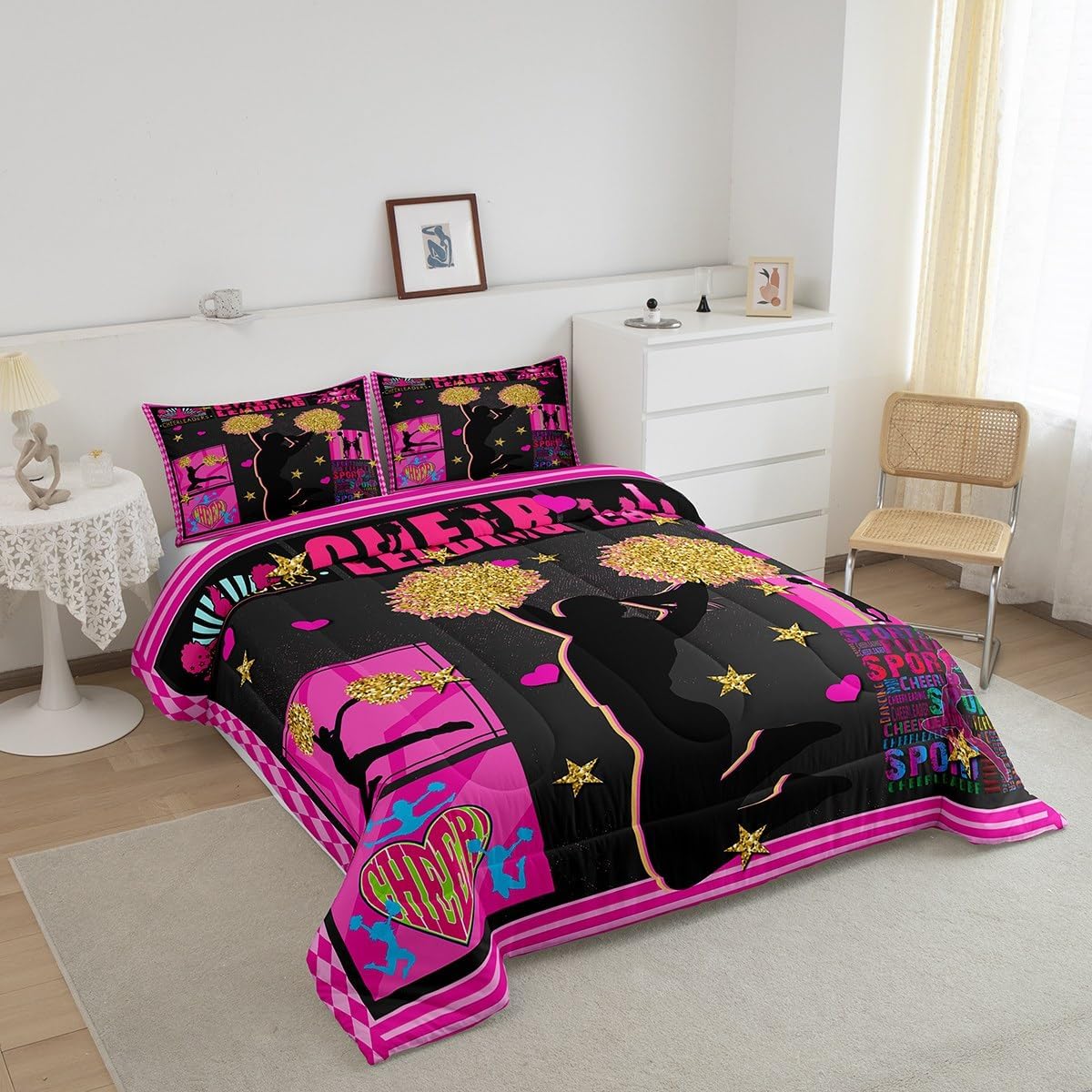 Erosebridal Cheerleader Comforter Set Twin Dancer Bedding Set for Kids Girls Women Adults Pink Glitter Cheer Themed Quilt Set Geometric Checkered Duvet Insert with 1 Pillowcase Bedroom Decor