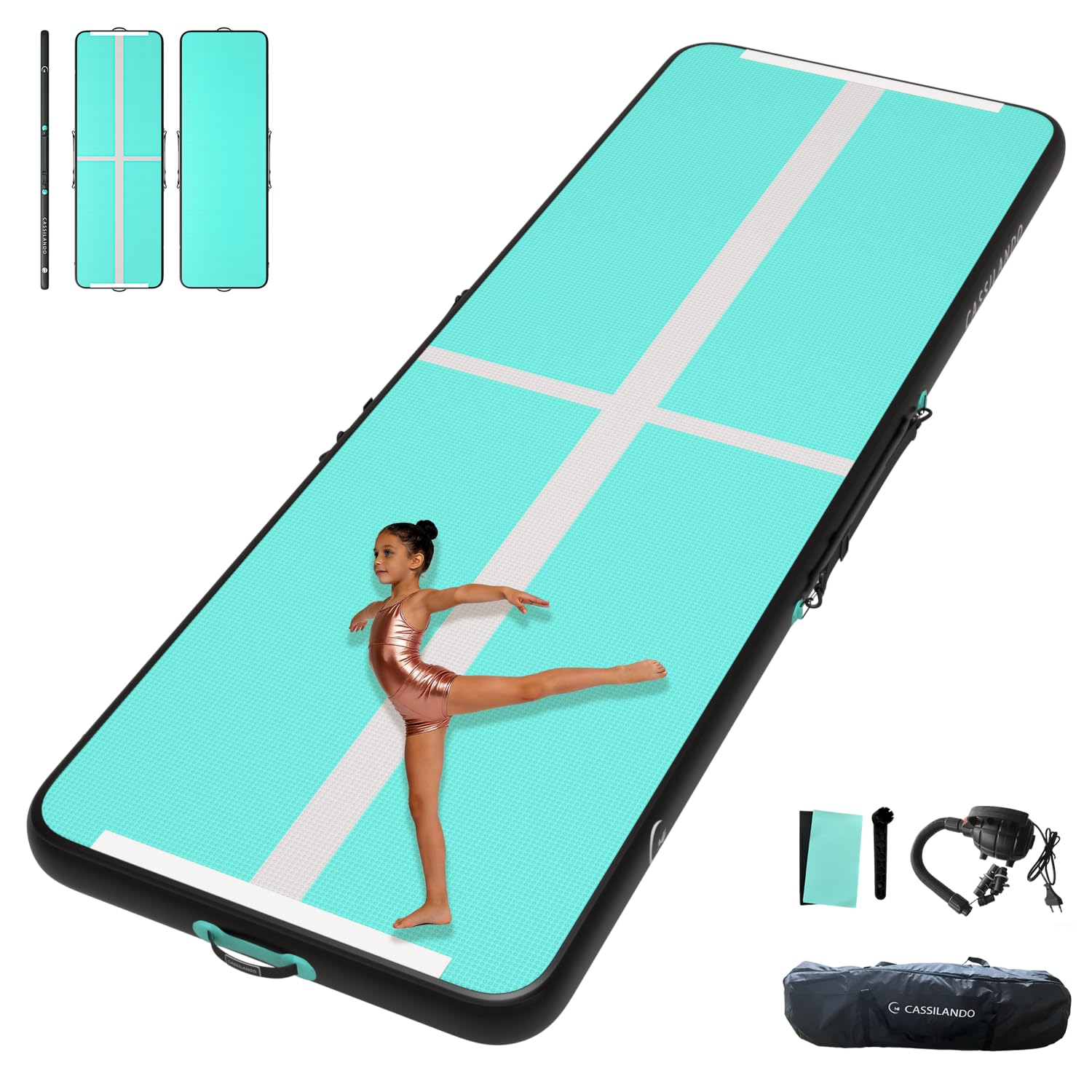 CASSILANDO Air Gymnastics Track Tumbling Mat 10ft Training mat, 4 inches Thick Air Tumble Track Mat with Electric Pump for Home Use/Gym/Yoga/TrainingOutdoorm, Mint Green/Black