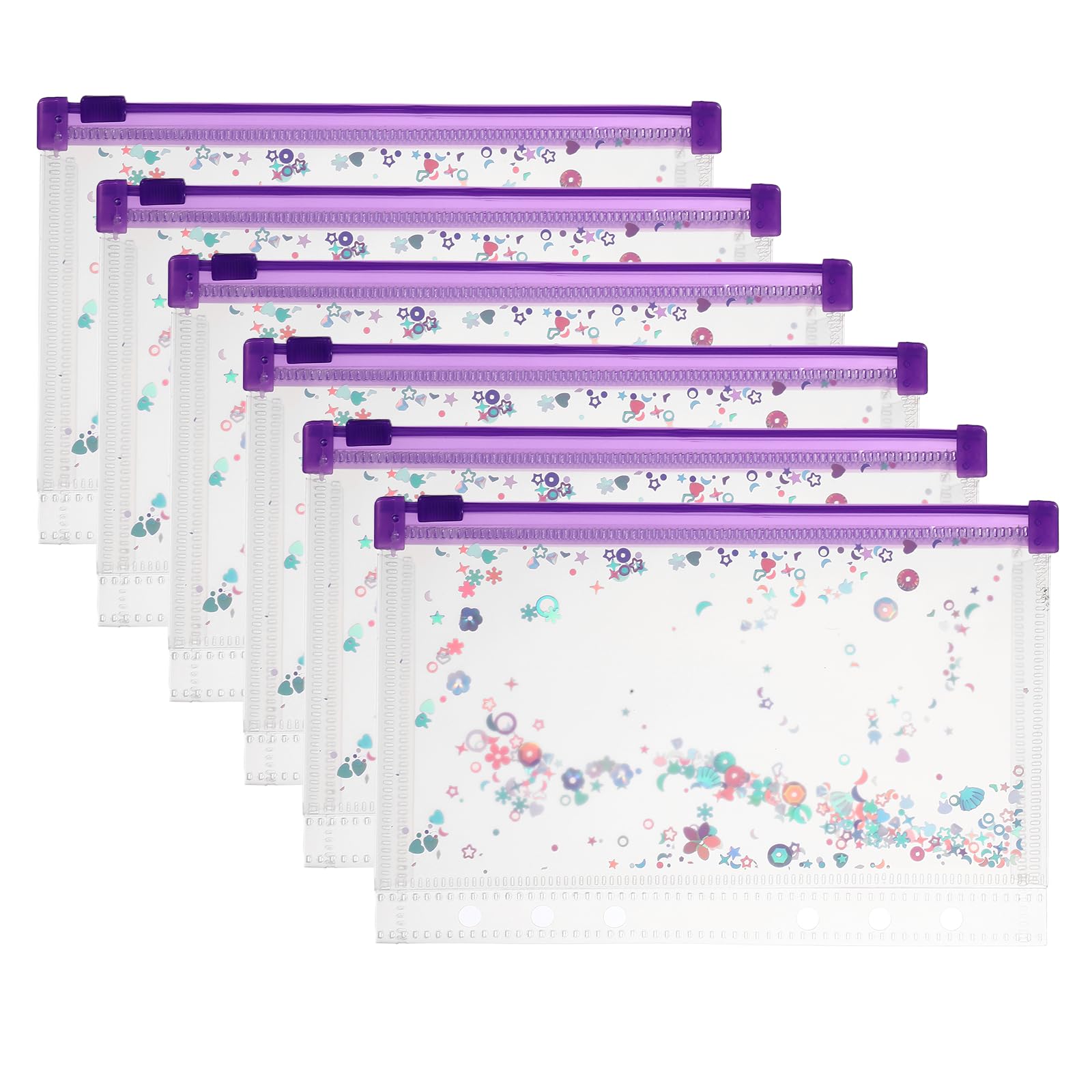 PATIKIL 6Pcs A6 Plastic Binder Zipper, Binder Pockets 7 x 5 Clear Envelope Folders Planner Waterproof Pouch Filing with Sequin Decor for Document Notebook Card Organizer, Purple