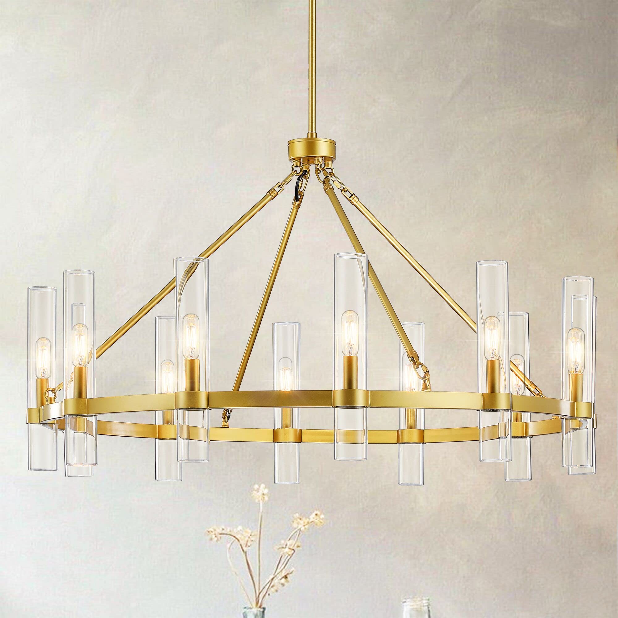 Untrammelife 12-Light Gold Chandelier with Clear Glass Shade, 36” Large Wagon Wheel Chandelier Farmhouse Dining Room Light Fixture Modern Round Chandeliers for Dining Room Foyer