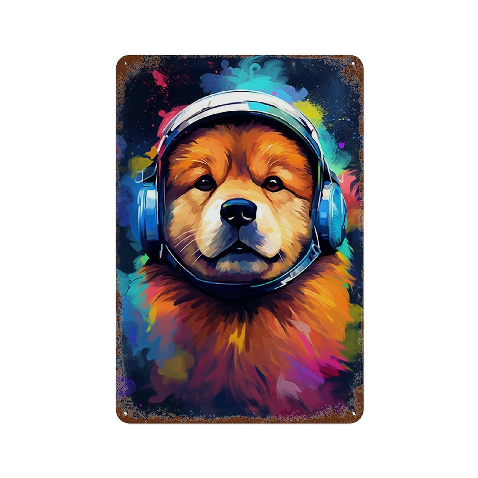 Space Dog Headphones Art Print Decorative Tin Sign 11.8"x7.9", Rustic Home Decor for Cafe, Home Bar And Lounge Decor