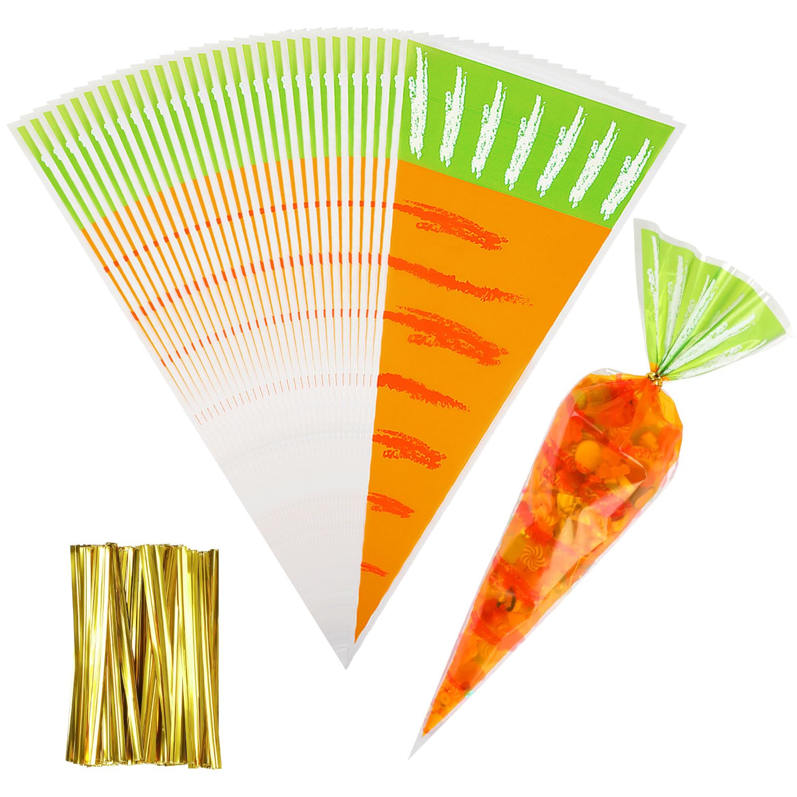 100 Pcs Easter Carrot Shaped Candy Bags,Translucent Cone Shaped Treat Bags with Twist Ties for Easter Party Supplies Gift Storage Wedding Home Decor