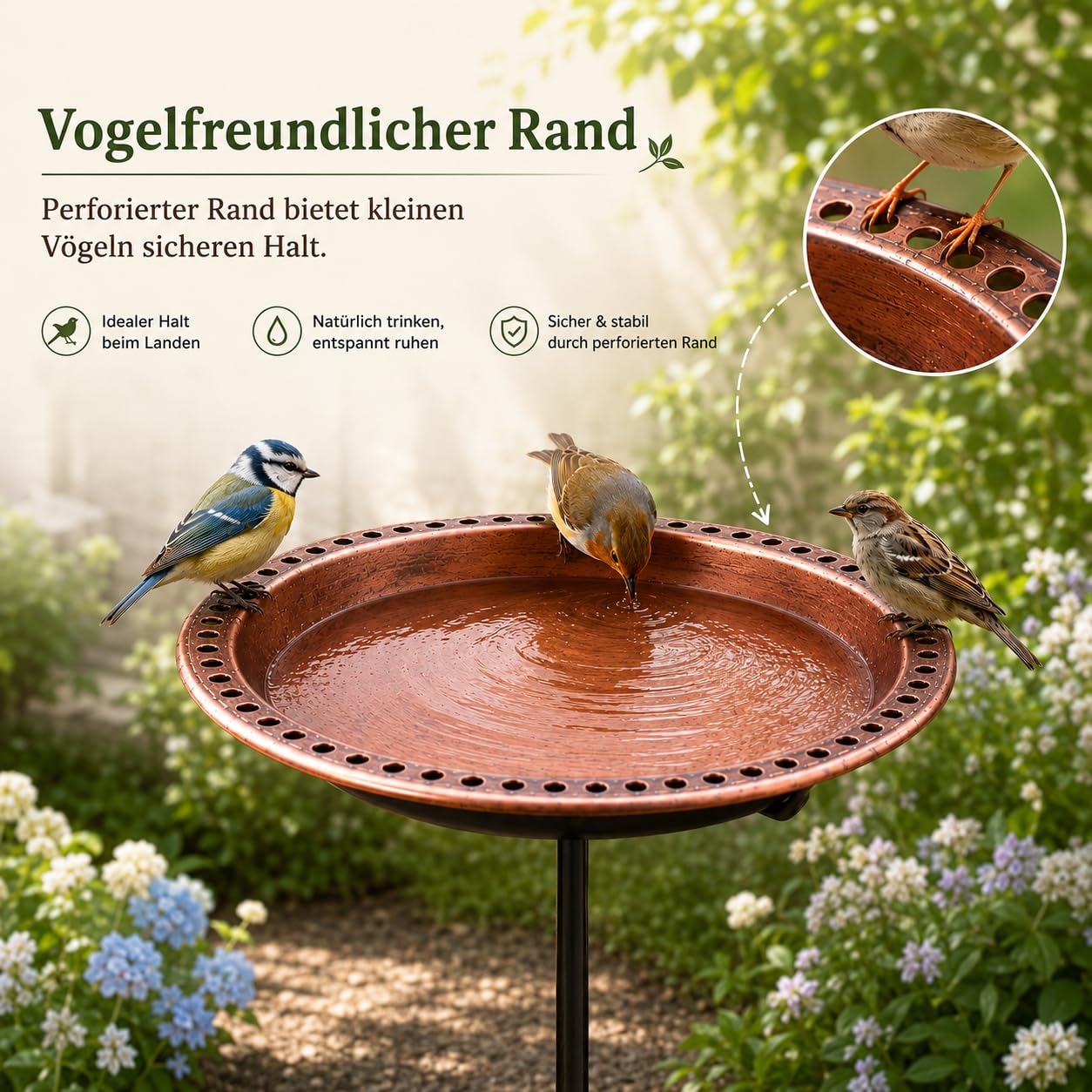 Vogeltränke mit Futterschalen, 89 cm Vogelbad Stehend für Garten, Metall Vogeltränke für Wildvögel, Wetterfest & Rostbeständig, Abnehmbare Wasserschale, Stabile 5-Zinken-Basis, Vogel Futterstation