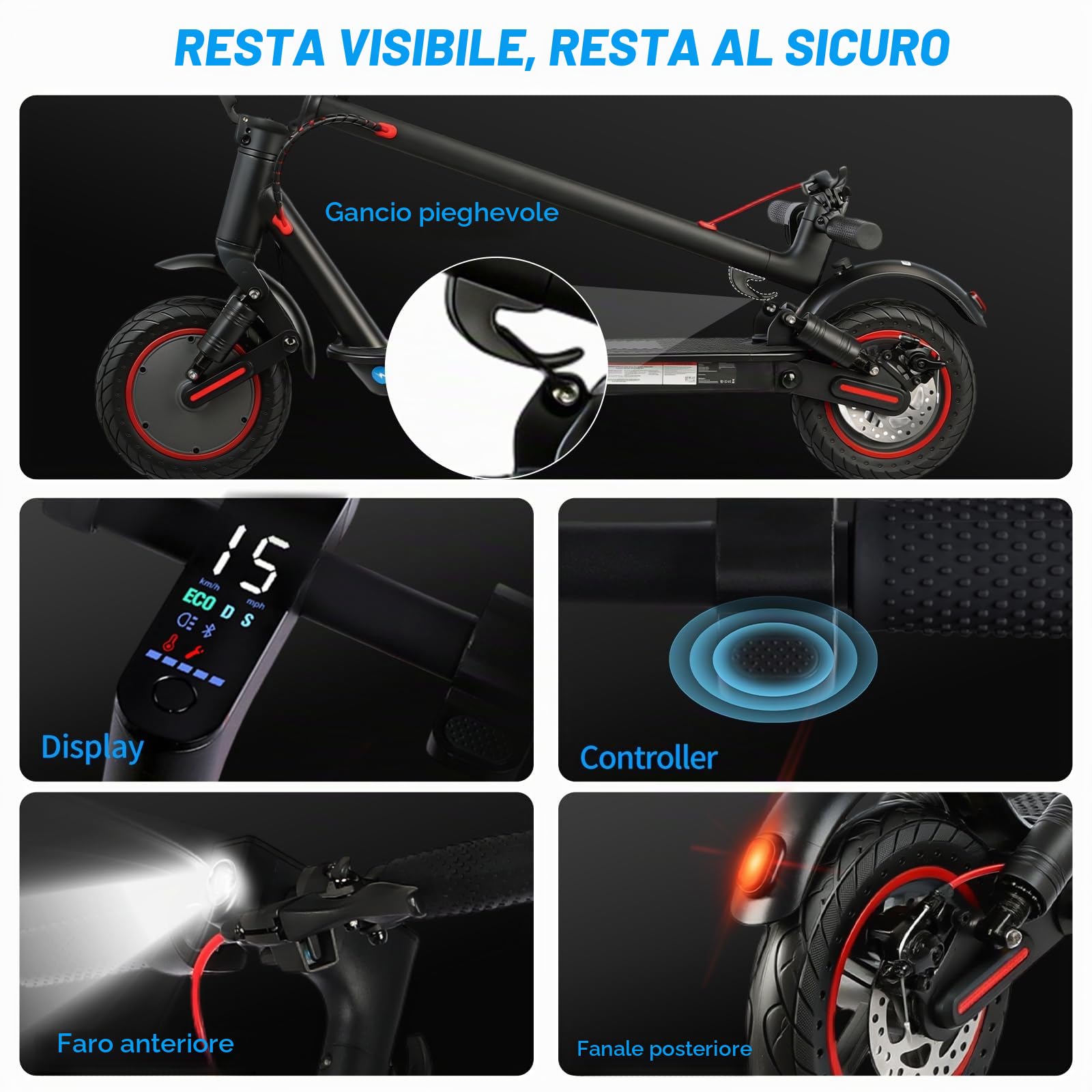Monopattino Elettrico,Autonomia 30 km, Velocità max 25 km/h, Batteria 36V 10.4Ah, Doppi freni a disco con EABS, Pneumatici solidi 10", Monopattino da città, Controllo App, pendenza max 15%