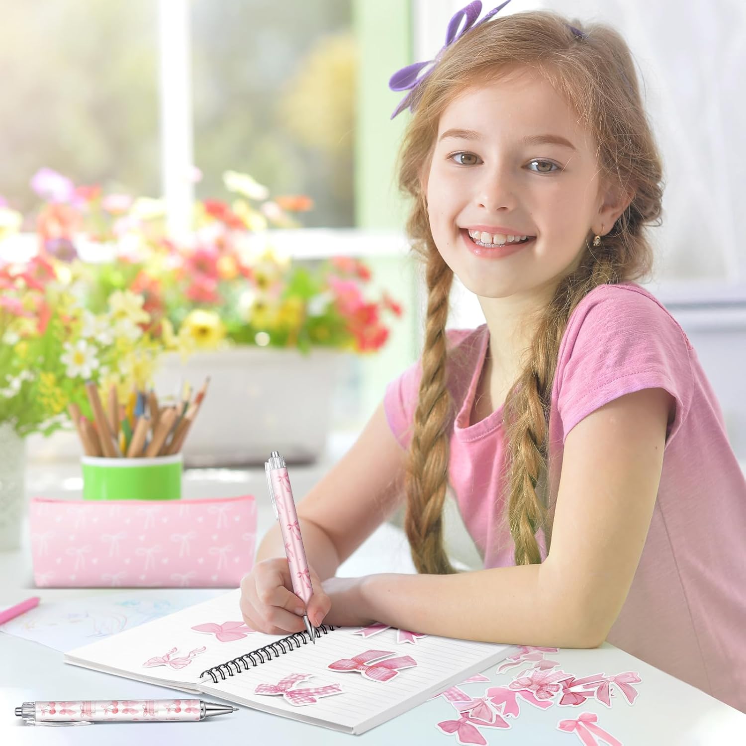 Pink Bow Stationery Gift Coquette School Supplies Set Include Pens Aesthetic Journal Notebook Pencil Case and Stickers Pink Bow Preppy Back to School Supplies for Girl Students - Image 5