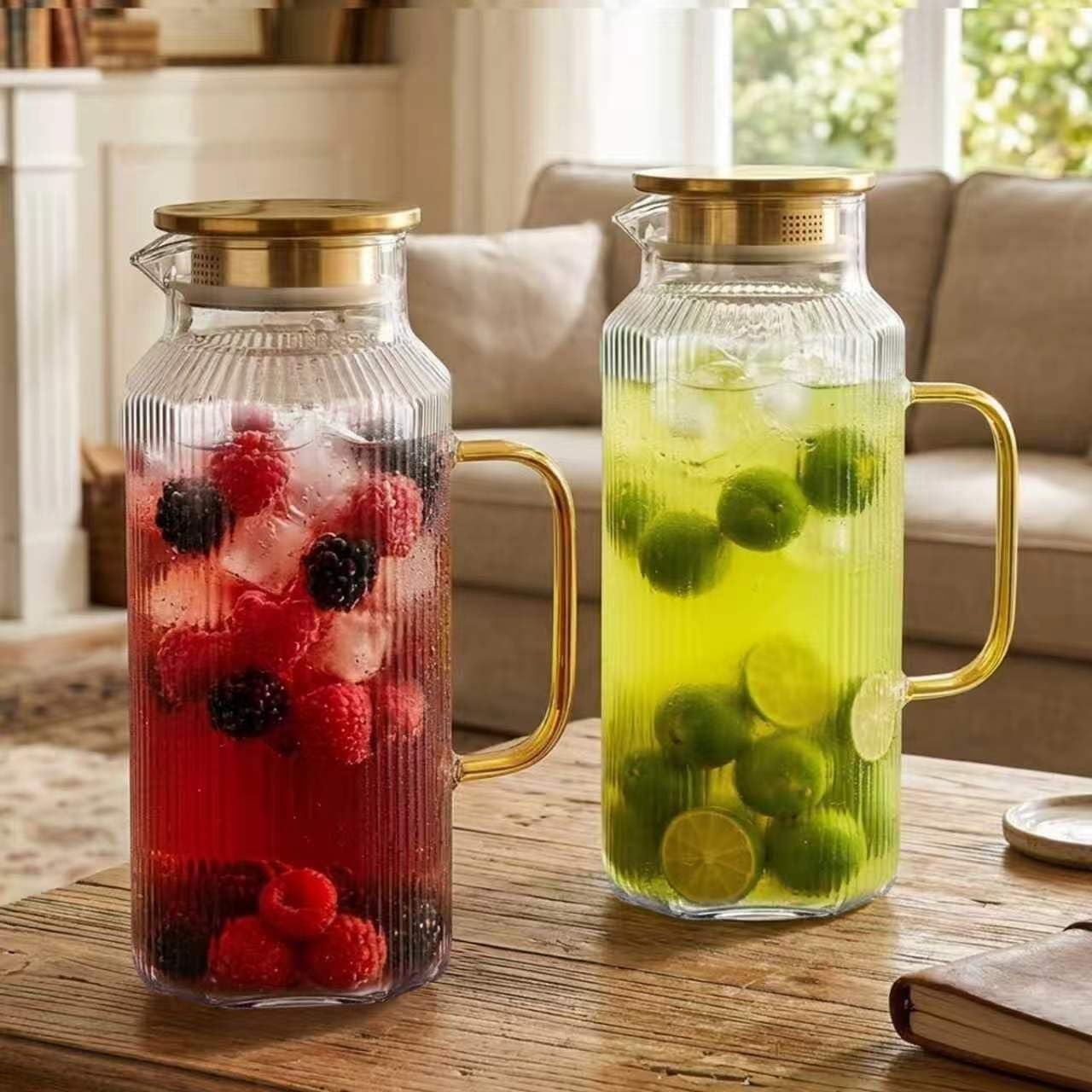 [68 OZ/ 2 Liter] - Octagon Glass Water Pitcher with Lid and Spout, Classic Stripes Water Pitchers with Handle, Borosilicate Glass Carafe for Hot/Cold Drink, Perfect for Juice, Coffee, Iced Tea.