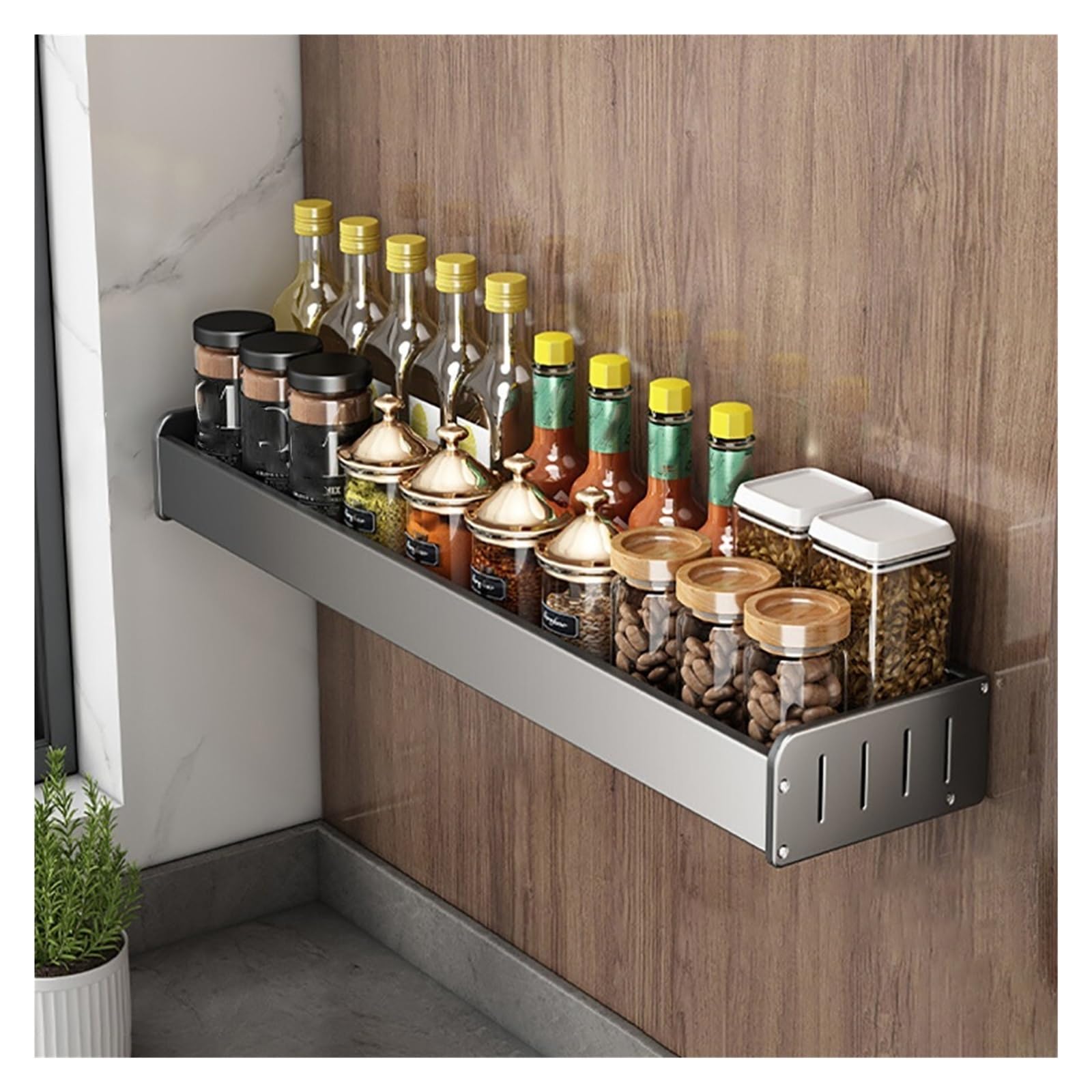 Organizer Da Cucina CarreGas A Parete - 8 Ganci, Portaspezie E Posate, In Alluminio Nero - Foto 4