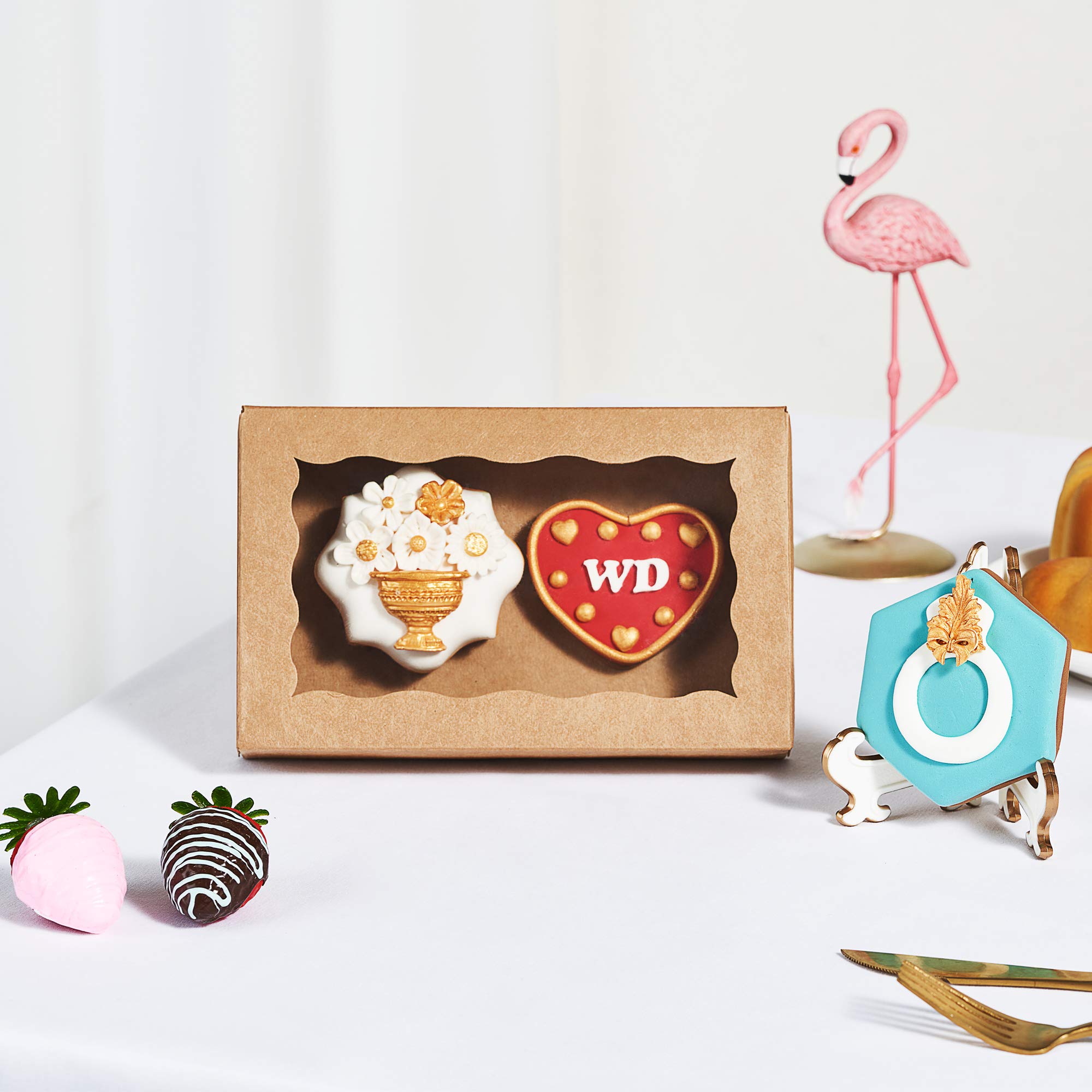 RomanticBaking Paquete de 50 cajas de galletas emergentes automáticas, 7 x 4 3/8 x 1 1/2 pulgadas, cajas de pastelería, macarrón, bombas de chocolate caliente, donas, brownie y pasteles