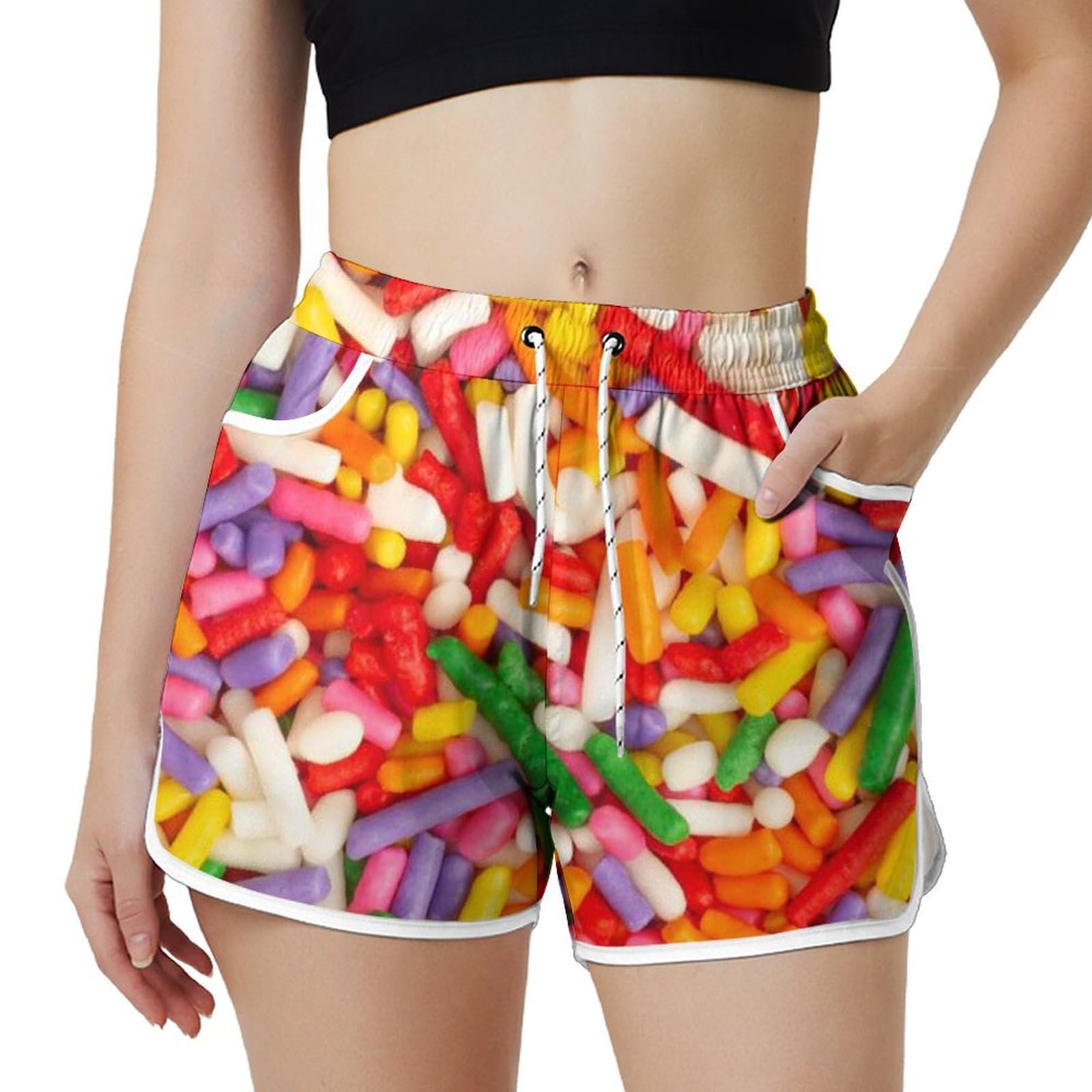 AYUNIX Women's Running Shorts with Pockets Quick Dry Performance Shorts for Women Colorful Candy Athletic Workout Gym Shorts White