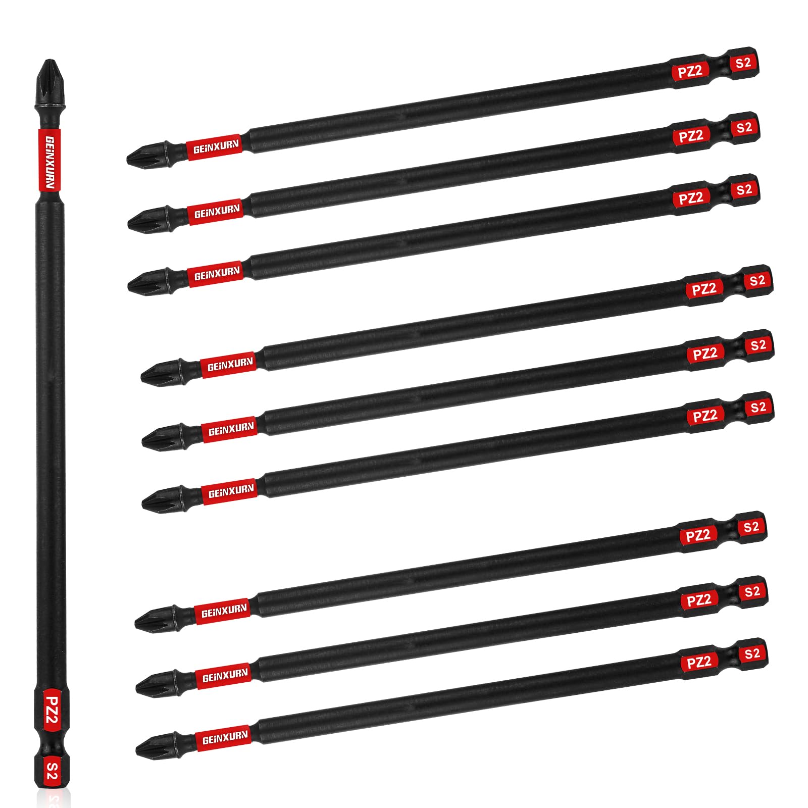 GEINXURN Impact Tough 10 Pieces PZ2 150 mm Long Screwdriver Bit Set, Pozi Magnetic Driver Drill Bits S2 Steel Universal 1/4" Hex Shank for Power Drivers, Bulk — image 1