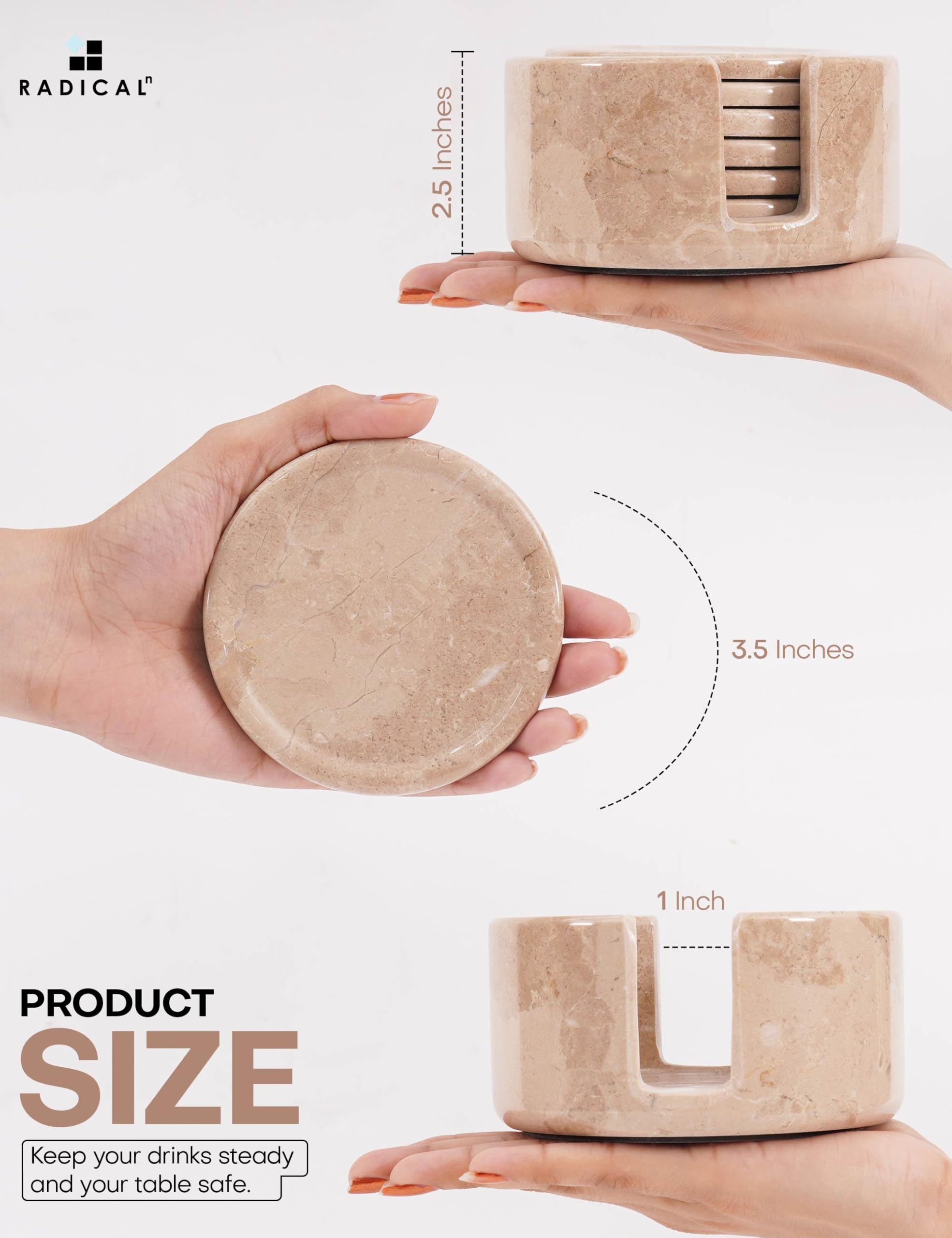 Verona Juego de 6 Posavasos Redondos de Mármol 3.5 Pulgadas con Soporte para Mesa y Café
