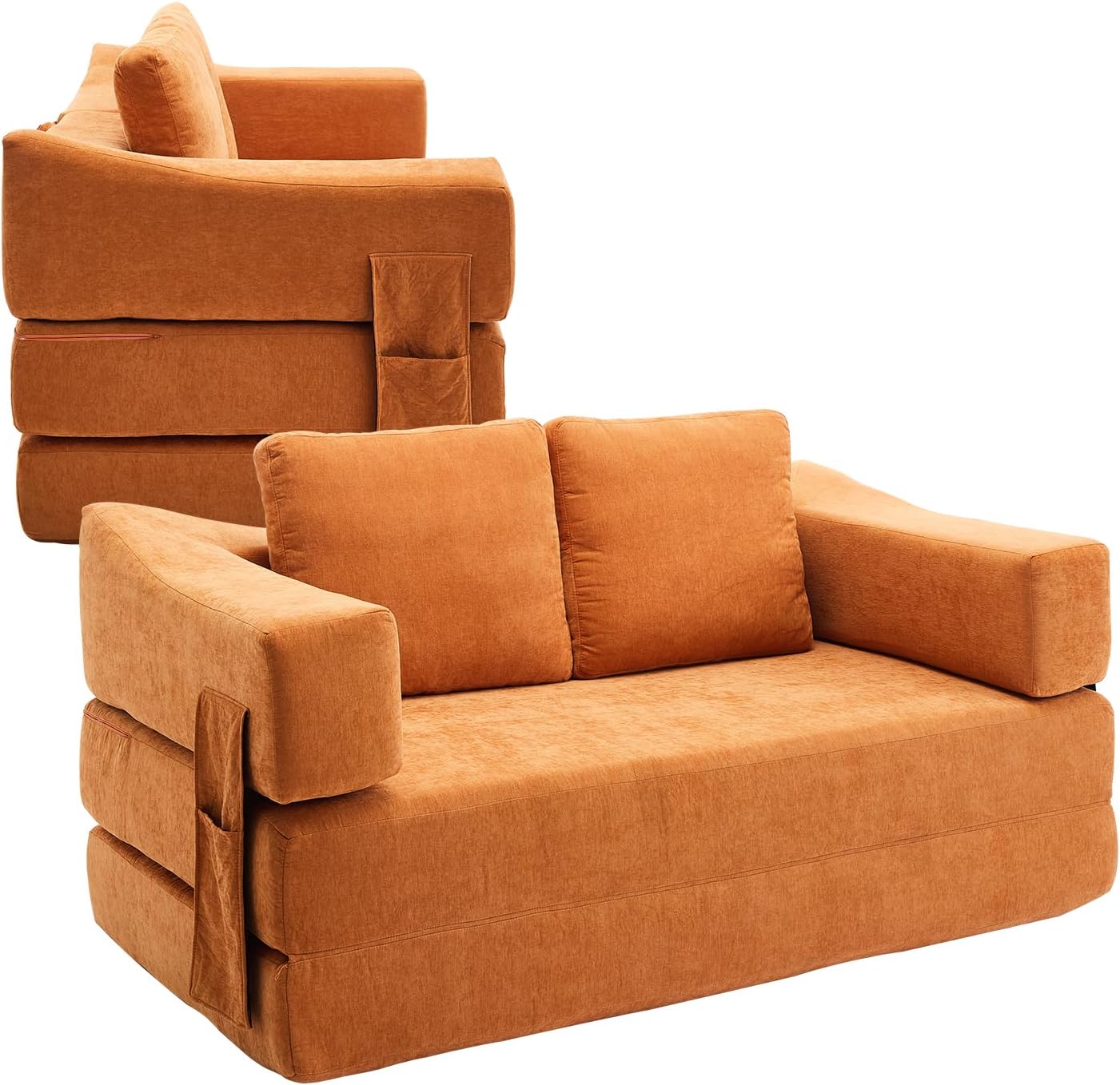 Futon Sofa Bed Versatile Loveseat Sleeper Chair, Ideal for Small Rooms and Dorms, Premium Chenille Fabric Couch Bed, Foldable & Adjustable Futon Couch (Orange)