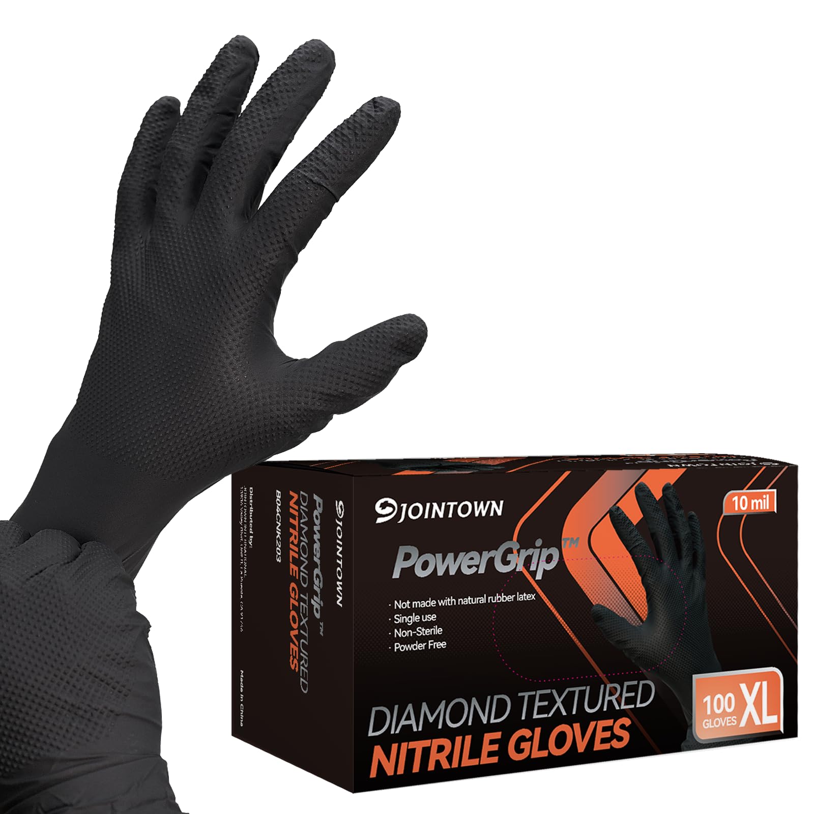 Jointown Upgraded 10 Mil Heavy Duty Nitrile Gloves, Mechanic Gloves Nitrile Disposable, with Raised Diamond Texture, Case of 100, Black, XLarge