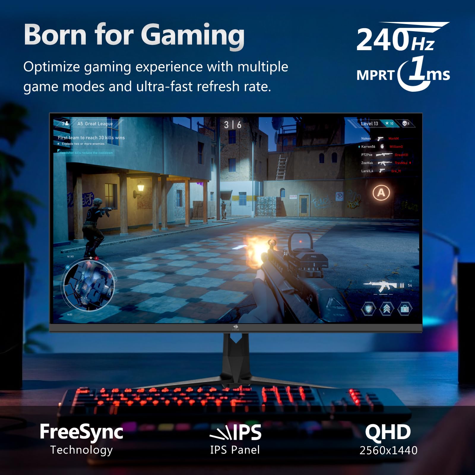 Z-Edge Gaming Monitor 27'' IPS QHD (2560 x 1440), 240 Hz (DP1.4×2), 1 ms, FreeSync, 16:9 LED monitor do gier, 144 Hz (HDMI2.0 × 2), regulowany nachylenie, 400 cd/m², VESA 100*100 mm (kabel DP w