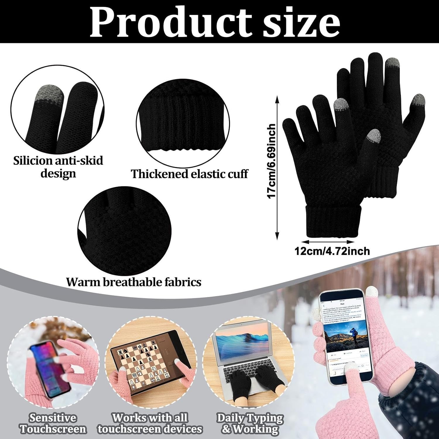 Sintege 4 Pieces Womens Satin Lined Beanie Hat Gloves Set Knit Slouchy Winter Hats Skull Cap Warm Touchscreen Gloves Set - Image 5