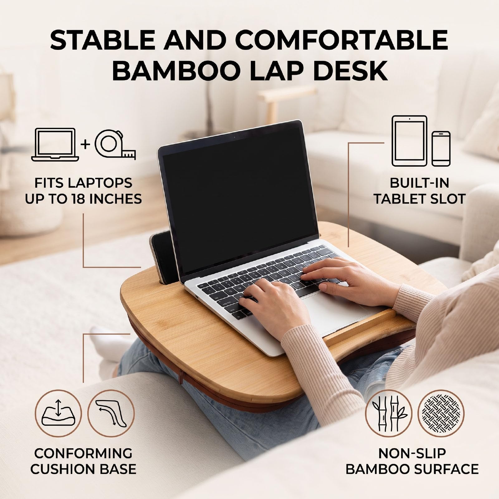AMONIDA Bambusowe Biurko z poduszką Pasuje do Laptopów o Przekątnej do 18 Cali i Wymiarach 21,6 X 13,8